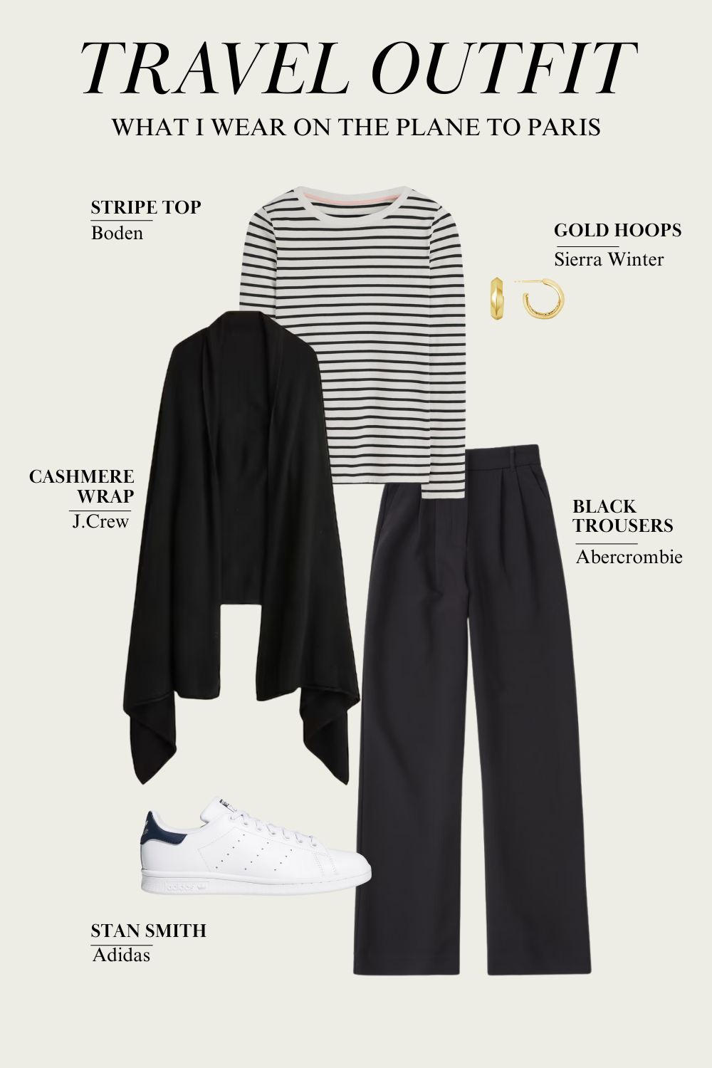 stripes and trousers paris travel outfit Graphic of stripe top with black wrap, sneakers, and black trousers.