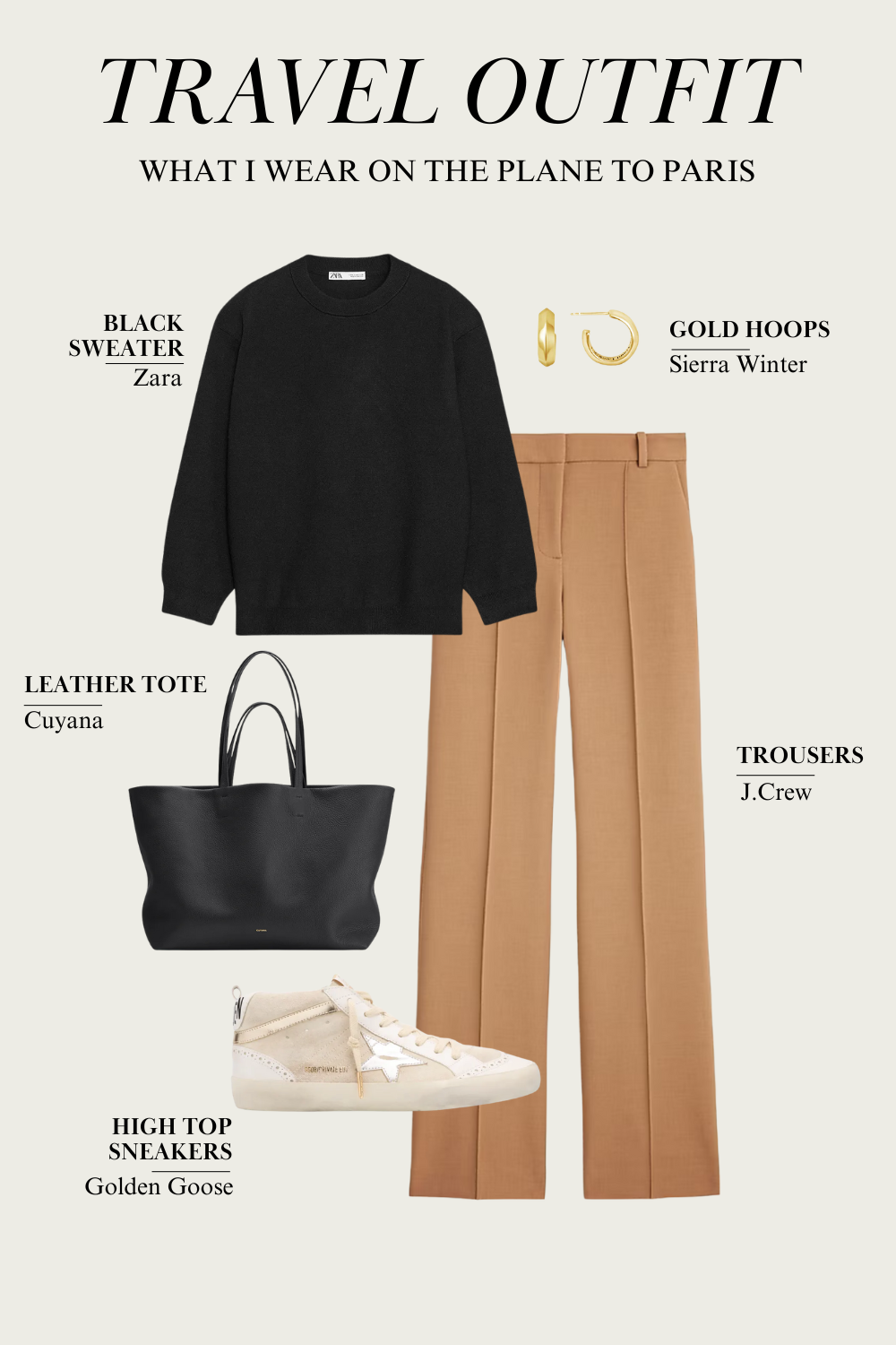 paris travel outfit woman wearing black sweater with trousers, black tote bag for what to wear on the plane.