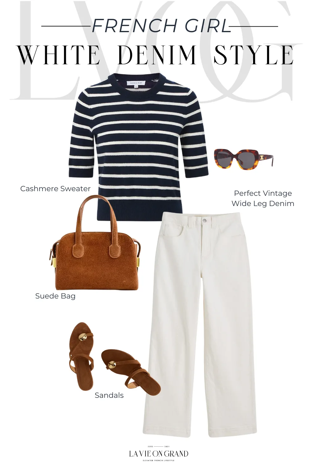Navy and White Stripe Sweater with white denim and brown sandals.