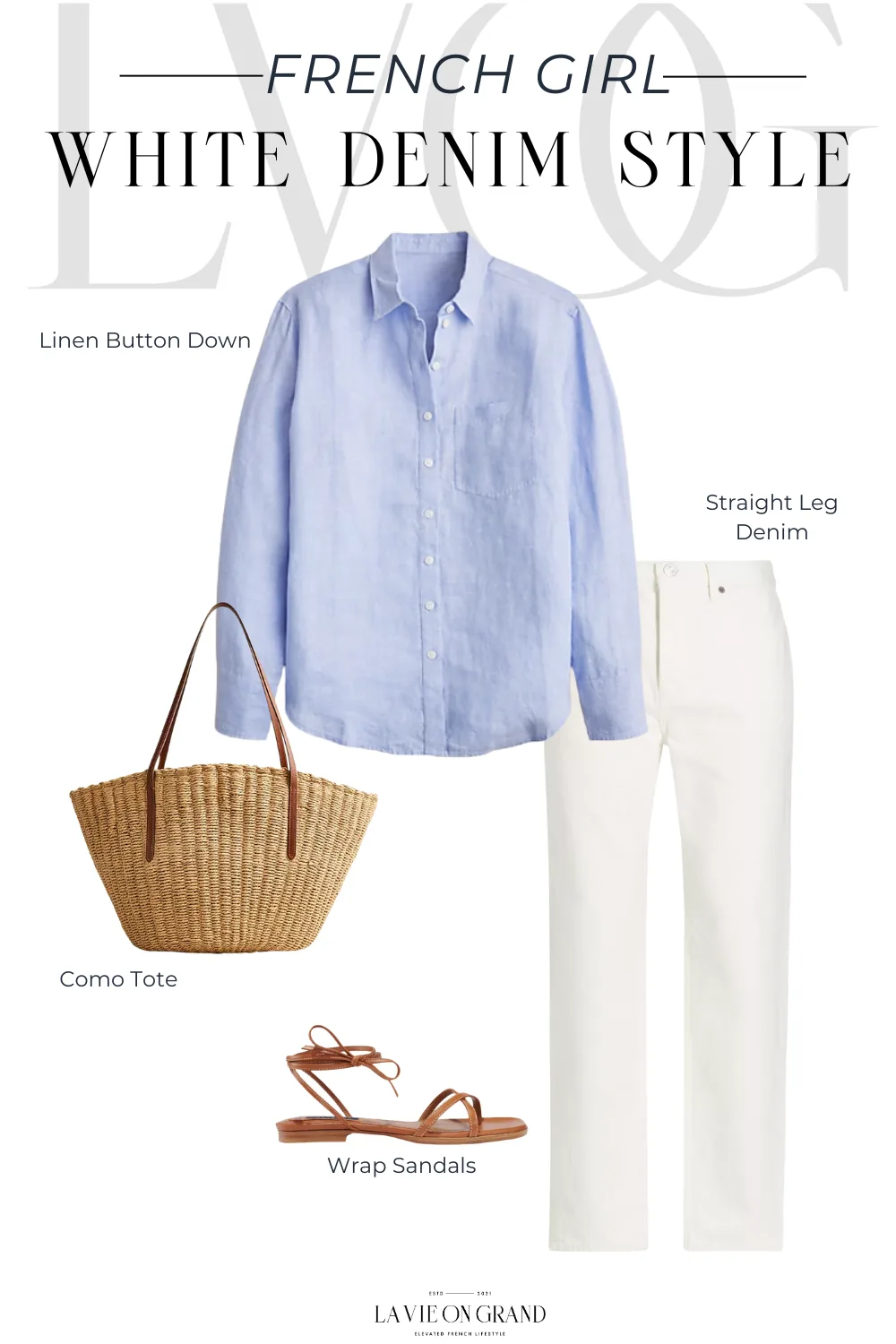 Graphic of linen top with white denim and sandals.