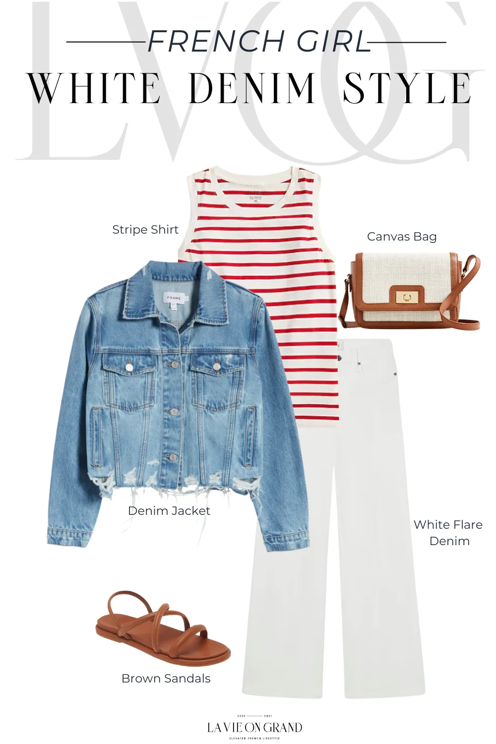 Denim jacket with stripes and brown sandals. 