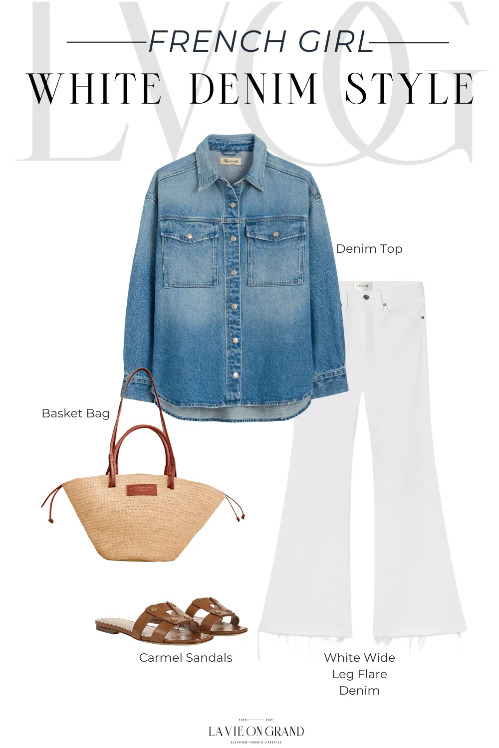 Denim Top With White Jeans and Basket Bag