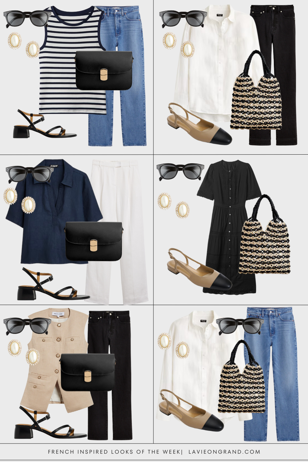 Graphic of 6 different outfits to wear that are French inspired with jeans and white denim.