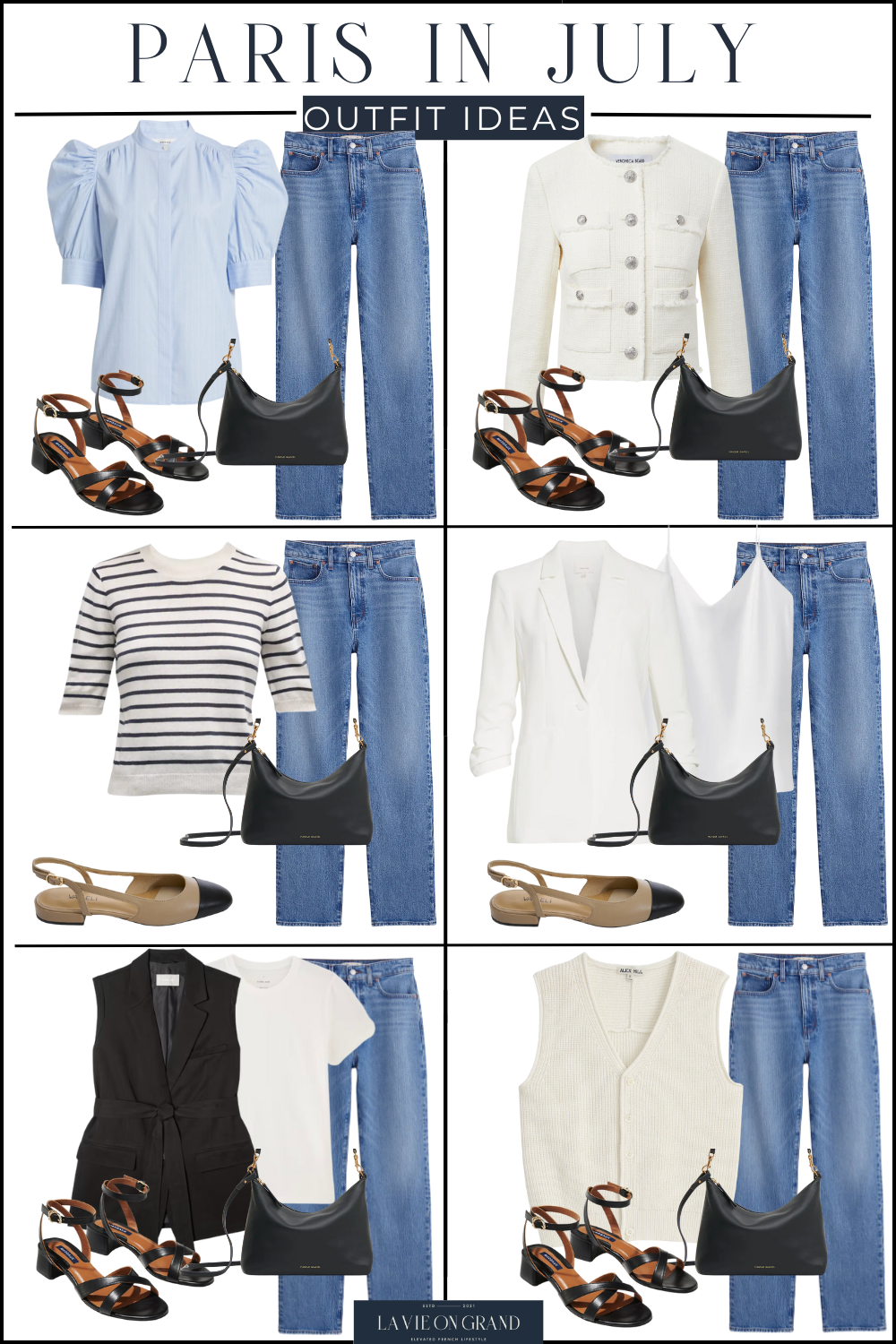 Paris in July outfit ideas Graphic of different ways to pack for Paris in July and the summer months.