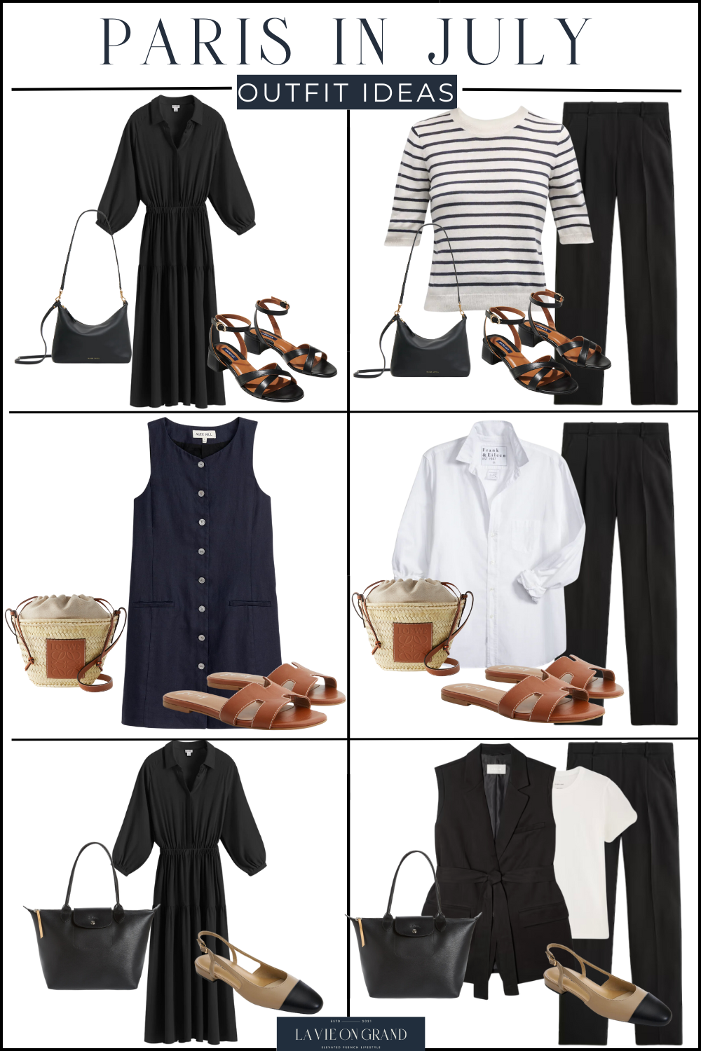 Paris July Outfit combinations 24 pieces to pack for Paris in July to look classic and timeless.