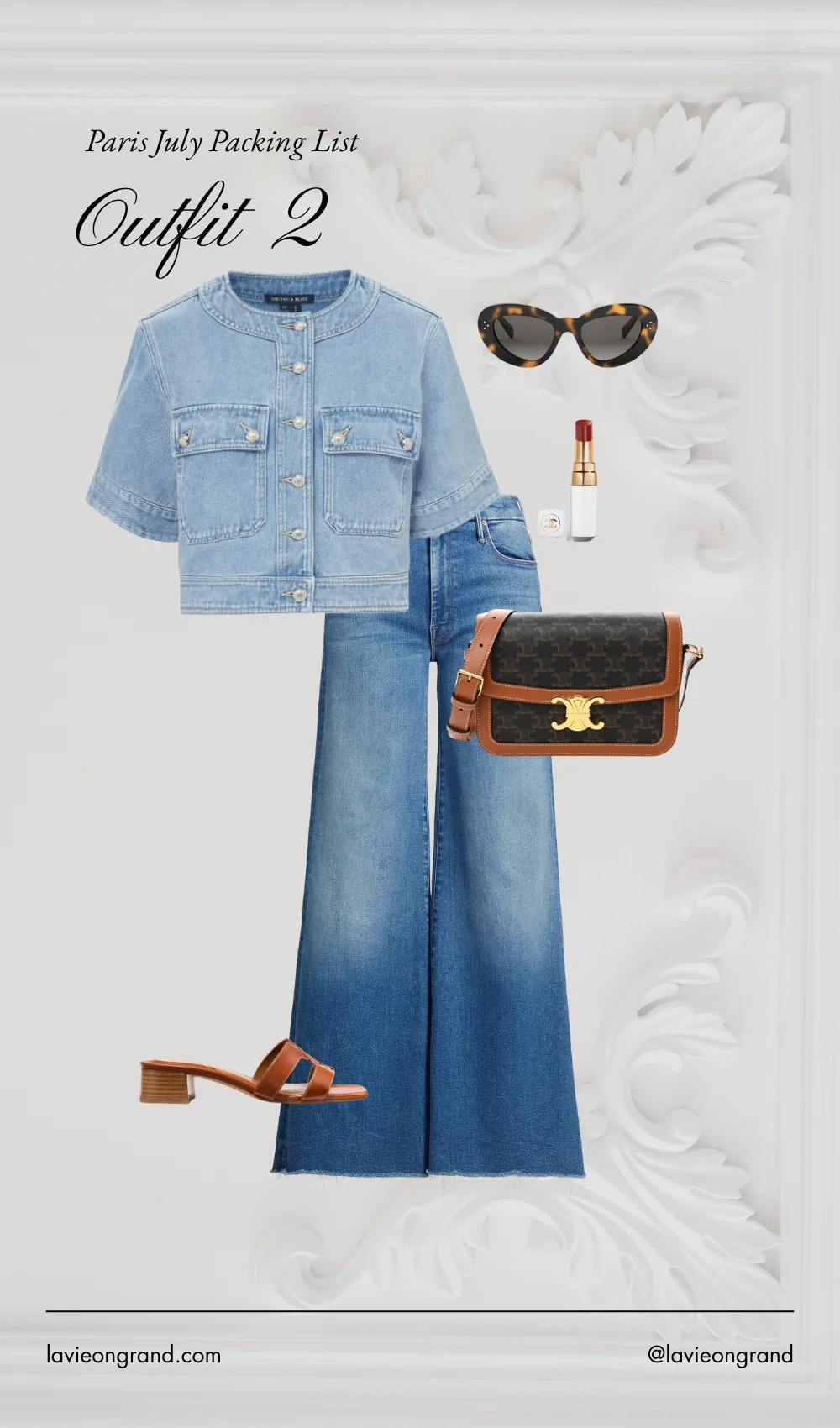 Graphic of denim with denim jacket and sandals for an outfit in Paris in July.