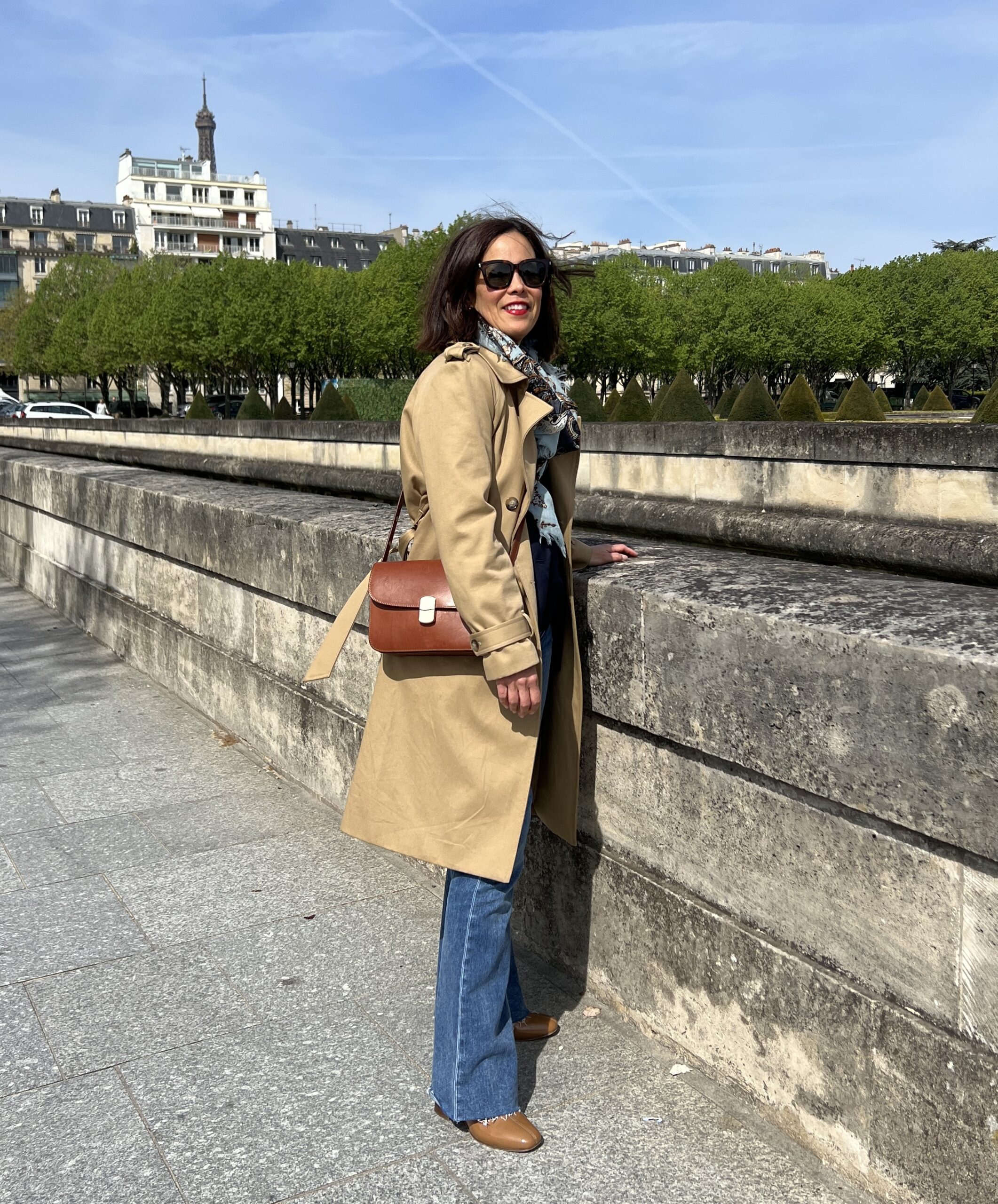Woman in trench coat with crossbody bag for pieces I always pack for Paris.