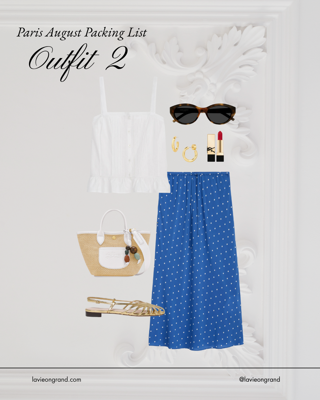 Blue polka dot skirt with white top and gold sandals.