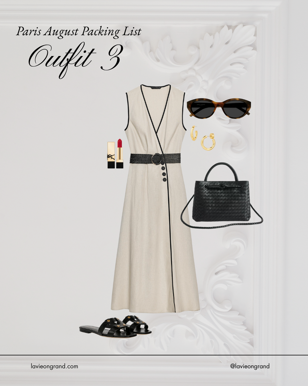 Black and tan dress with black sandals and black handbag.