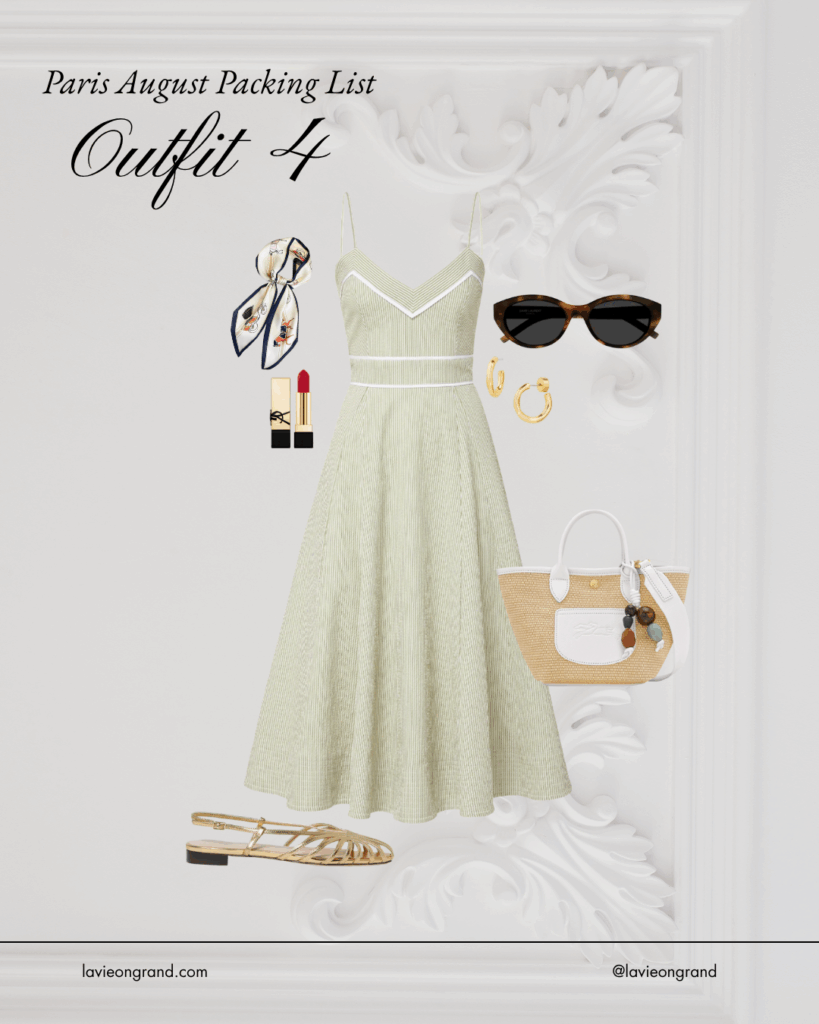 GREEN DRESS WITH SUNGLASSES AND GOLD SANDALS
