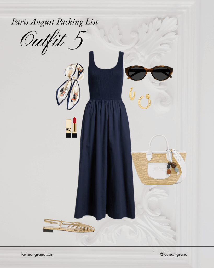 NAVY DRESS WITH GOLD SANDALS AND SUNGALSSSES.