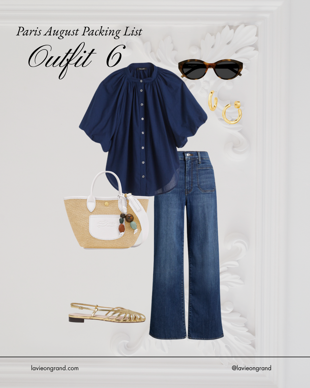 Outfit of navy top and denim with basket bag for Paris outfit in August.