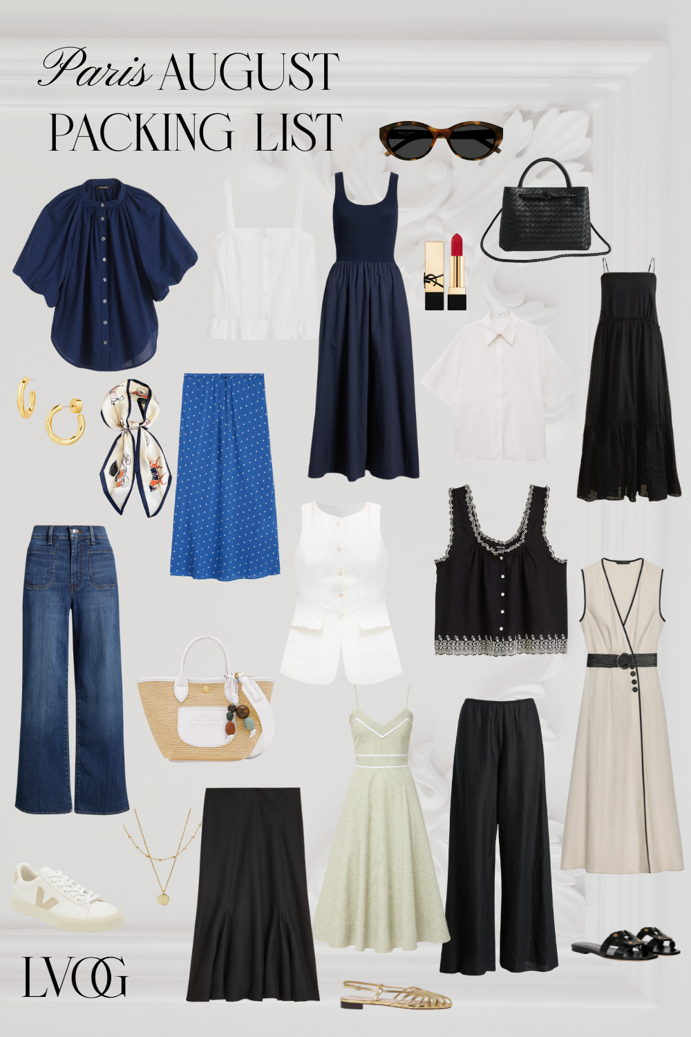 Graphic of pieces to pack for Paris in August.