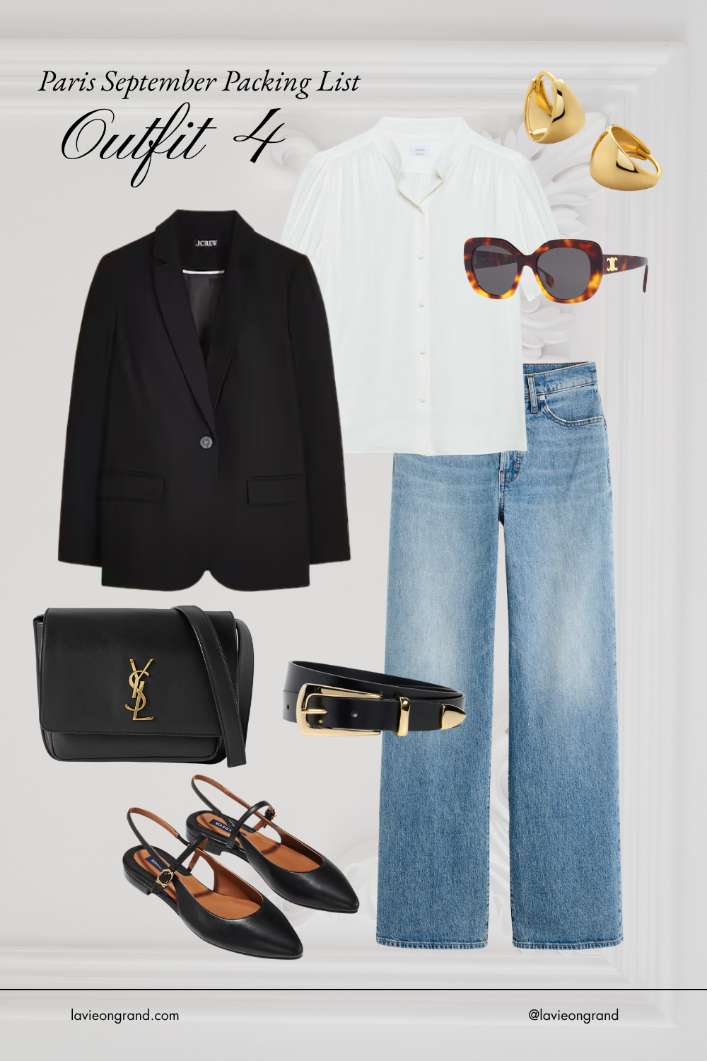 Black blazer and white button down with denim for Paris packing list.