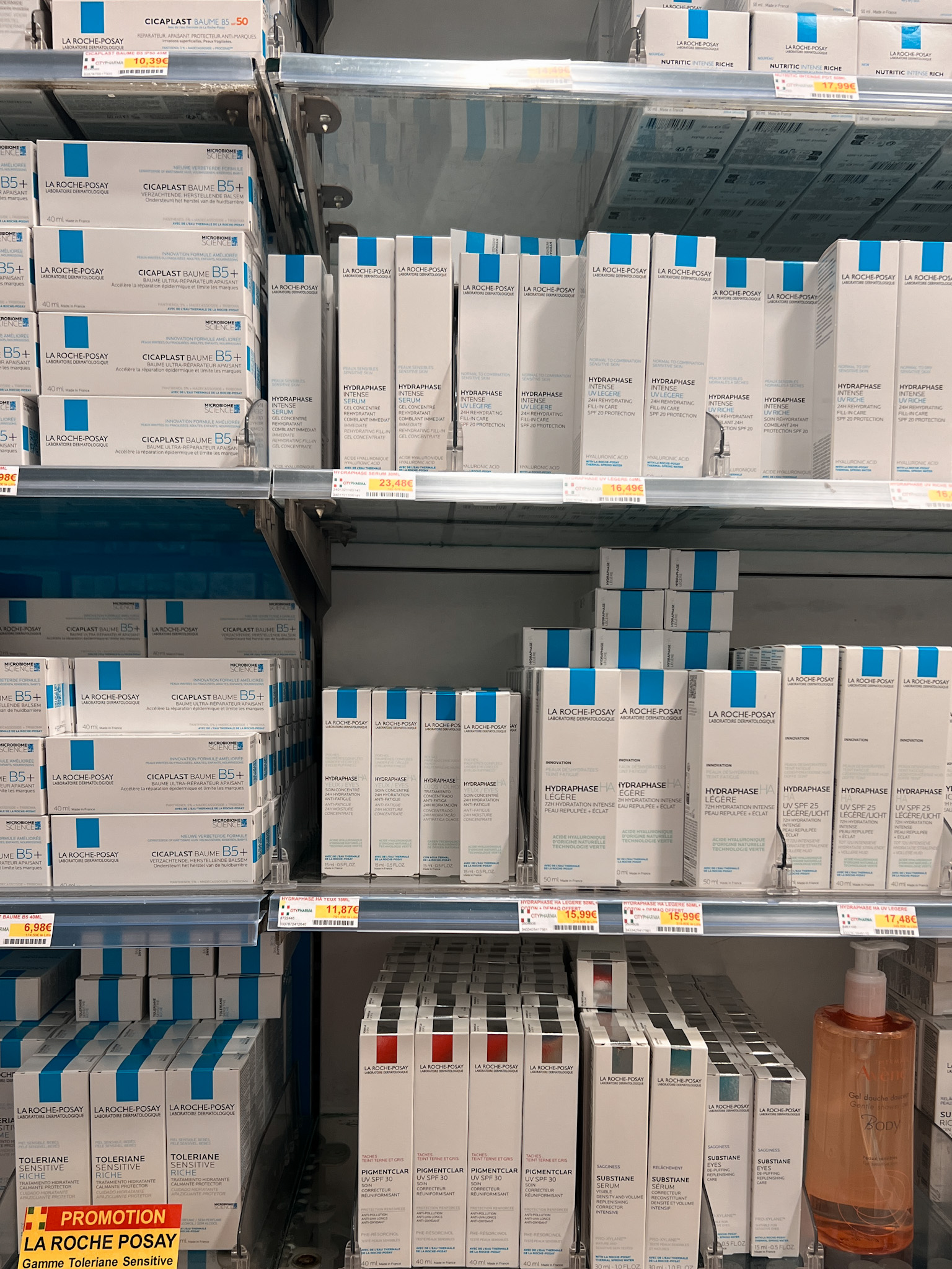 Beauty Products ToĀ BuyĀ InĀ Paris Beauty product on a shelf in a french pharmacy.