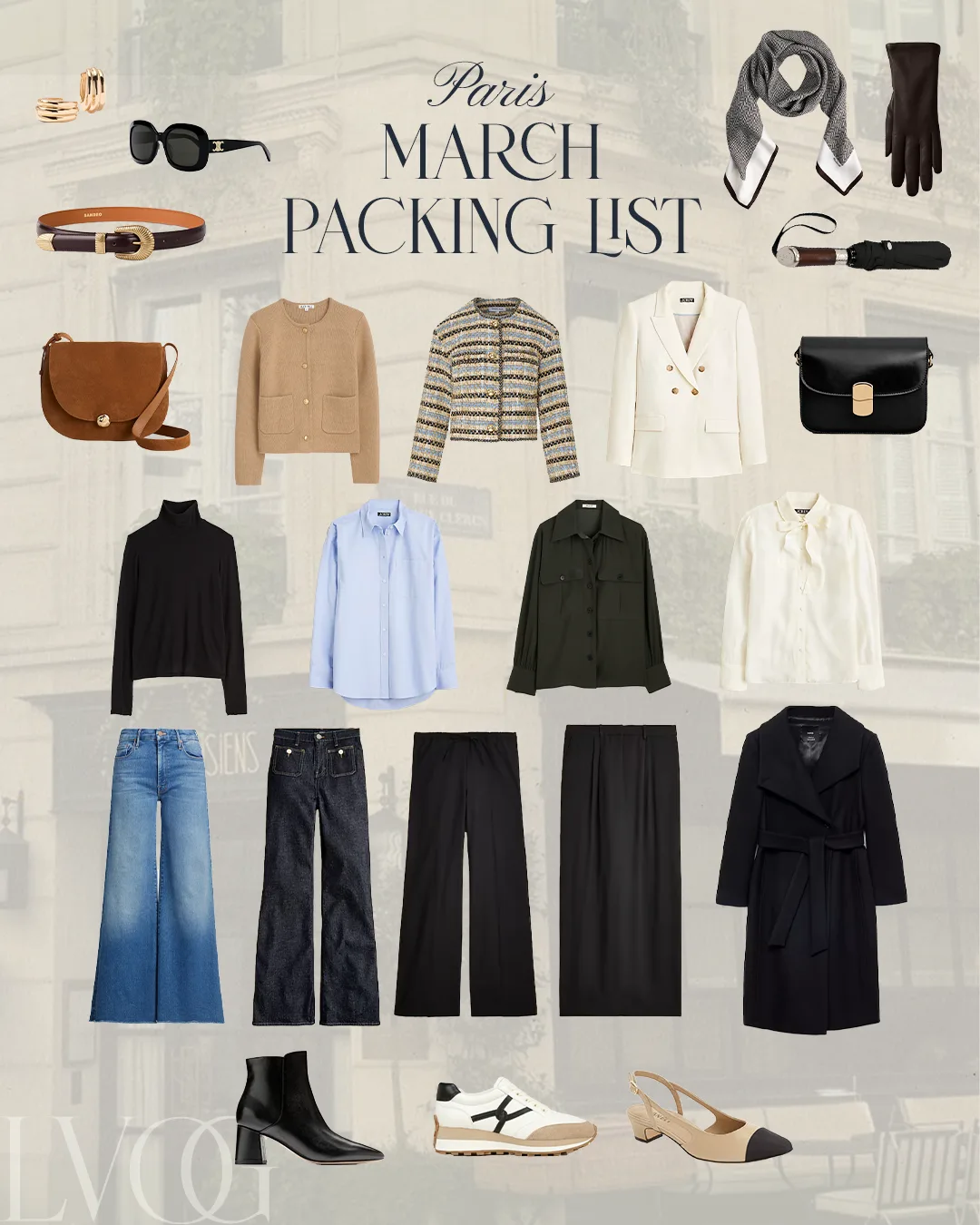 Graphic of pieces to pack for Paris In March