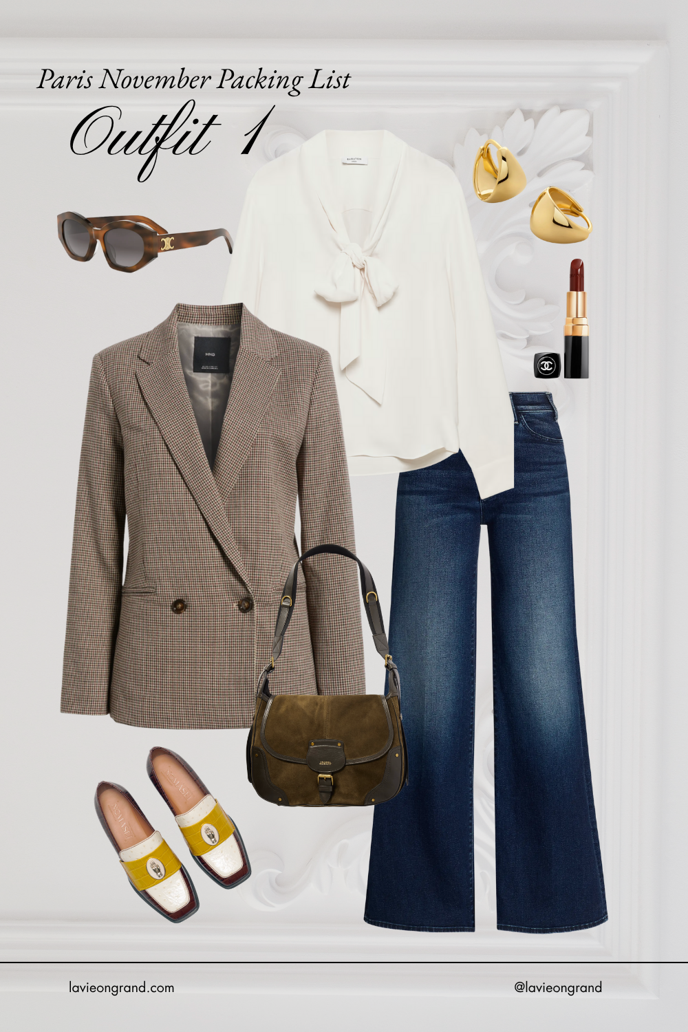 graphic of blazer with denim and silk top.