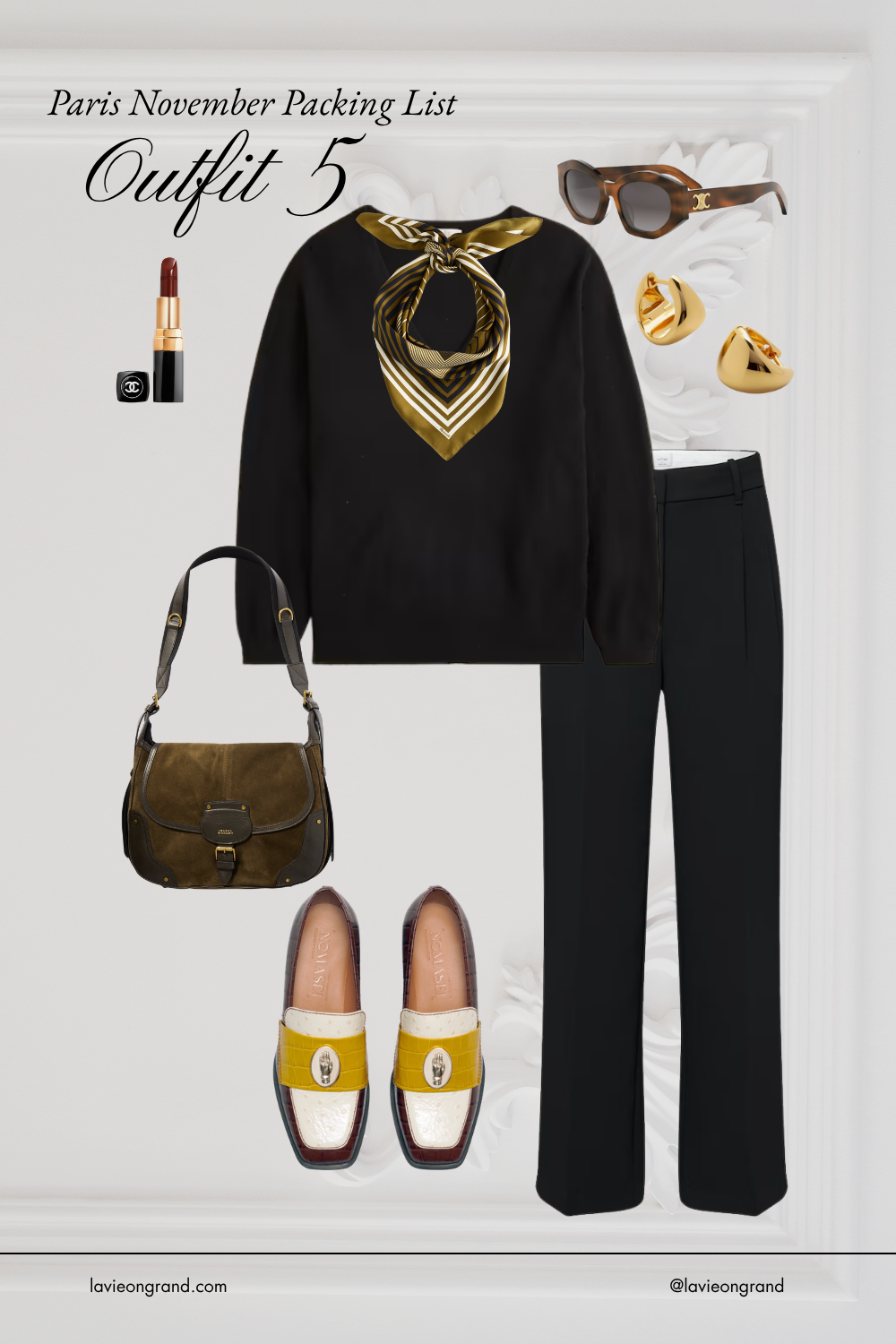 Sweater with scarf, loafers, suede bag, and pants.