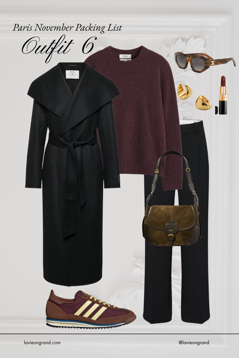 Black coat with pants, sneakers and burgundy sweater.