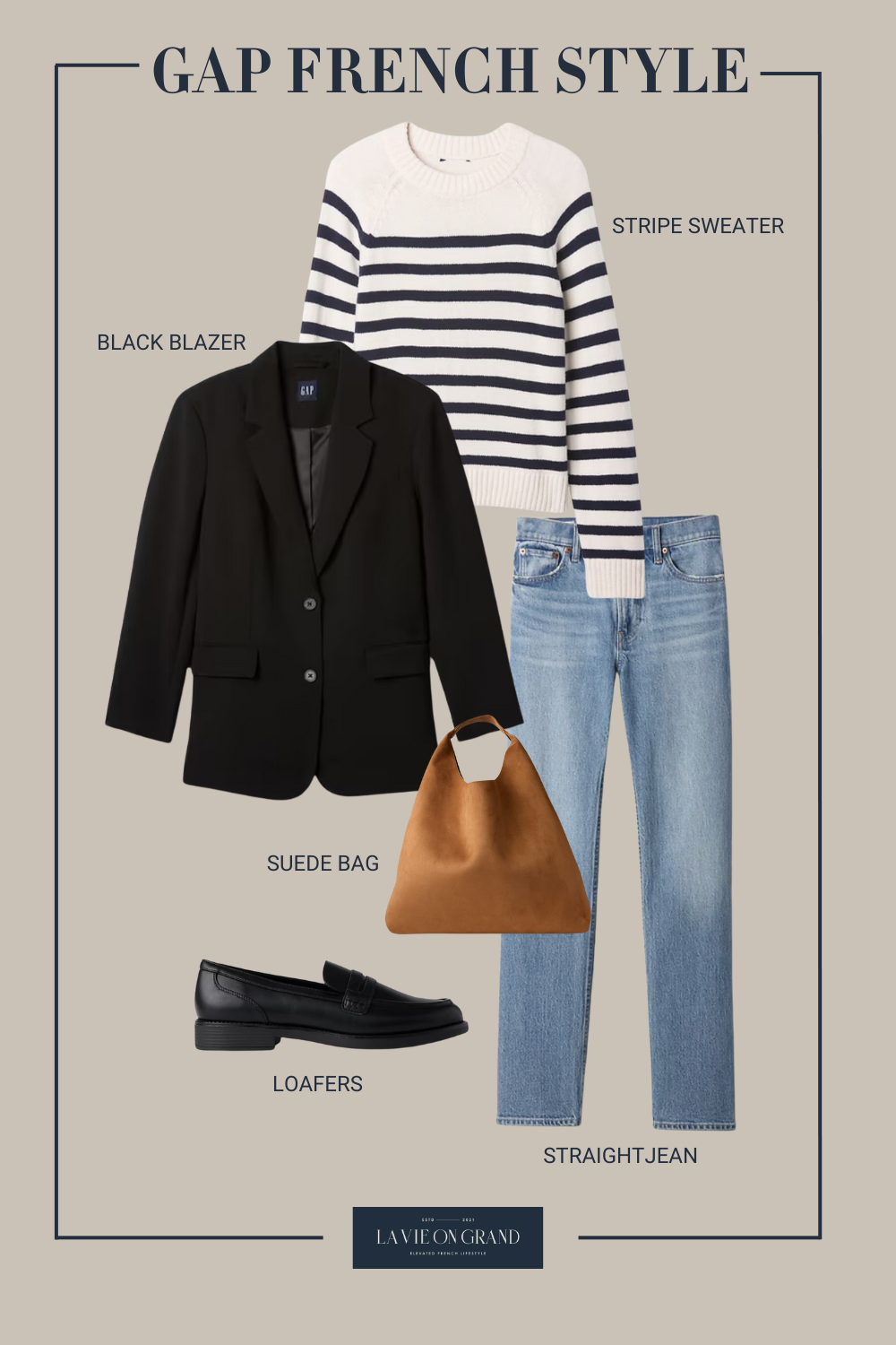Stripe sweater with denim and loafers.