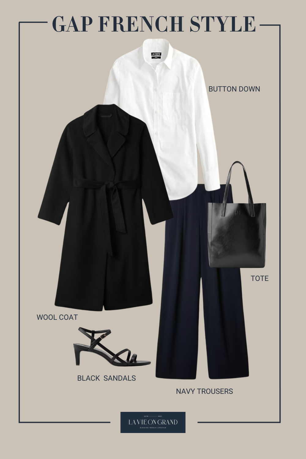 graphic of navy pants with black sandals.