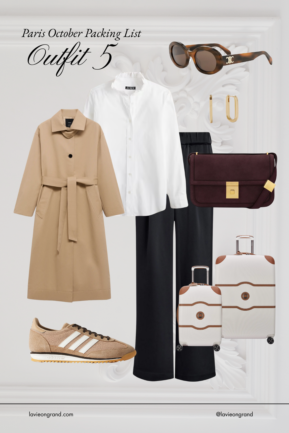 White button down with trench coat and sneakers.