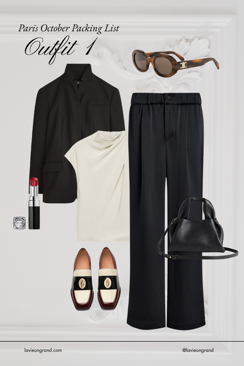 Graphic of black pants with black blazer and loafers.