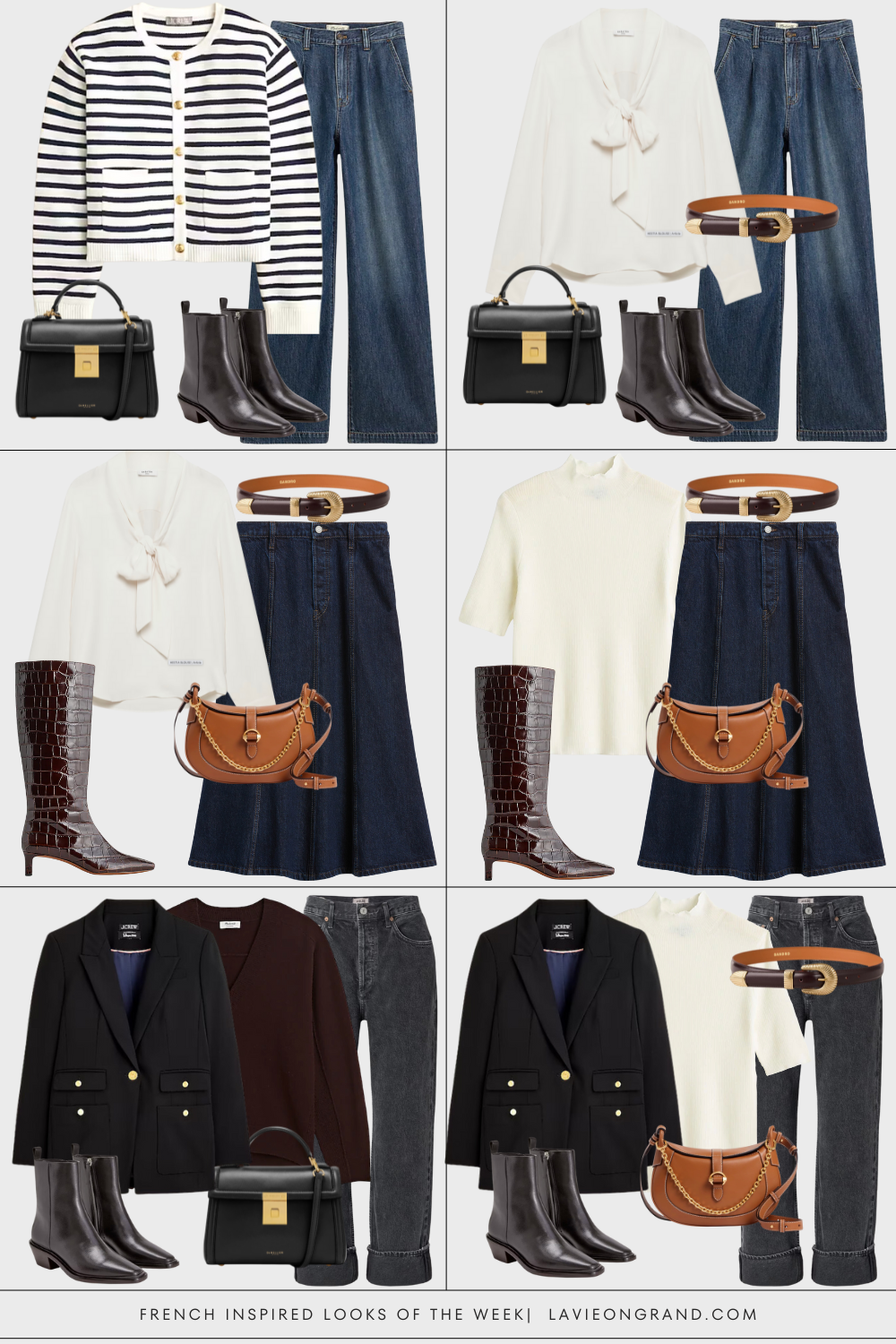 6 French inspired looks Graphic of 6 different outfits.