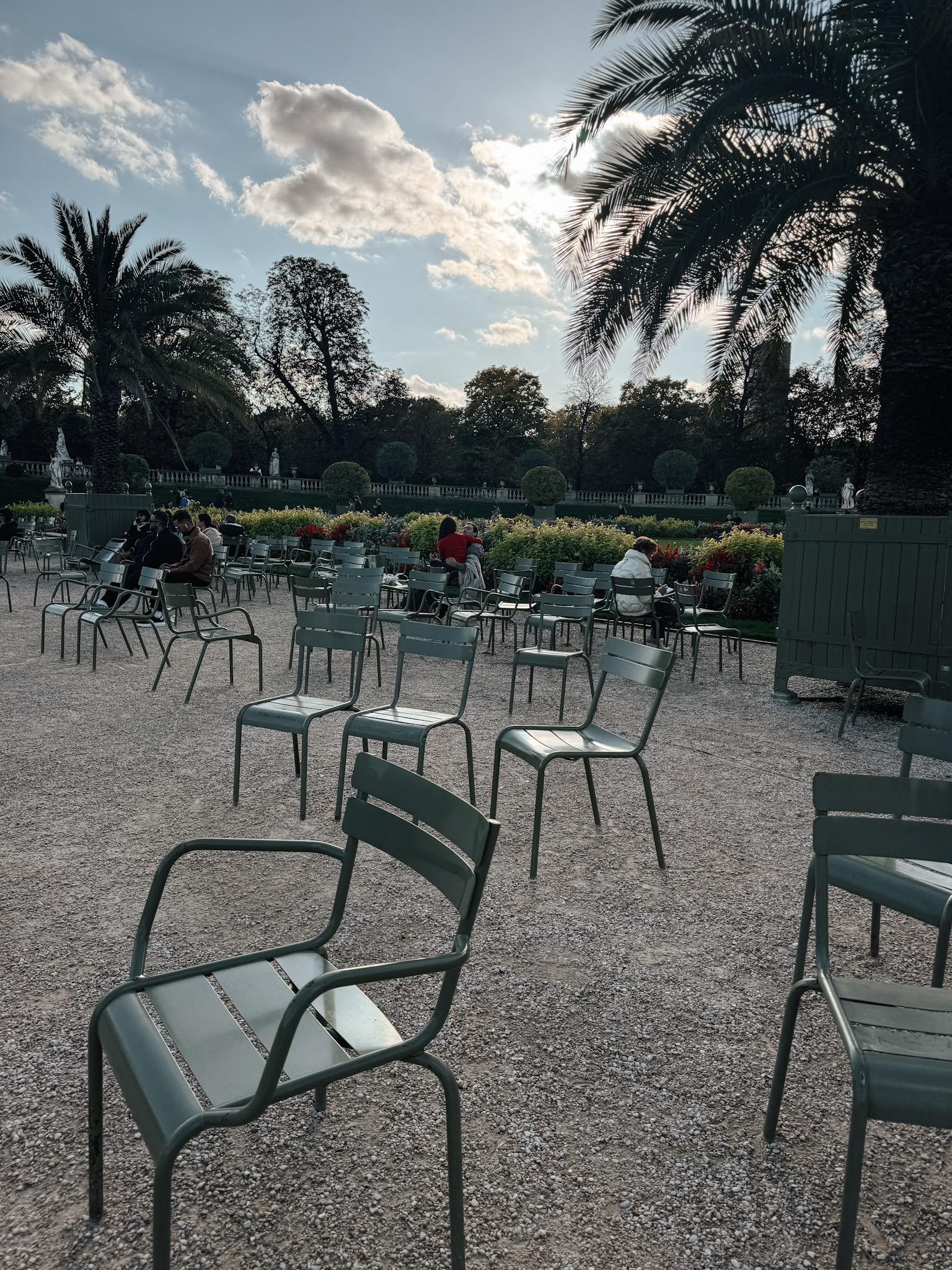 Iconic green chairs in Luxembourg Gardens.