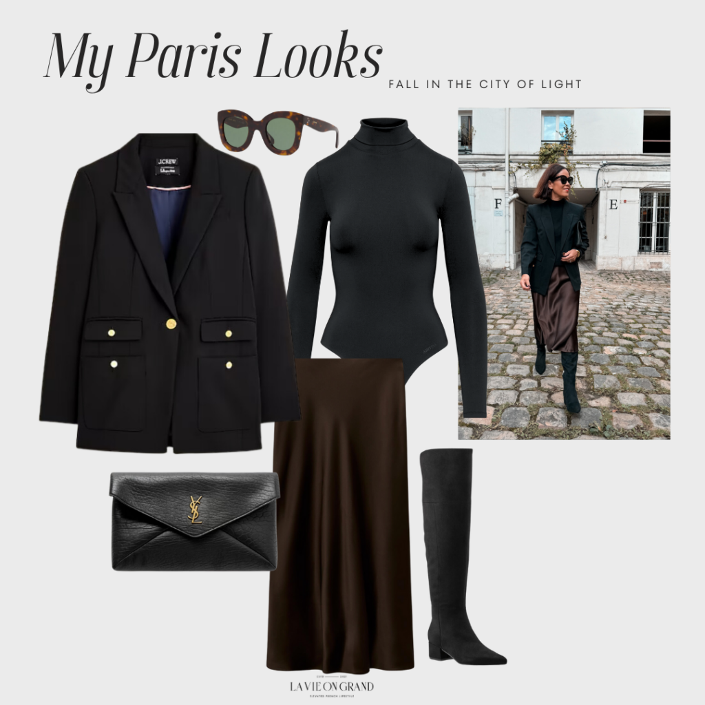 skirt with black blazer and high boots.