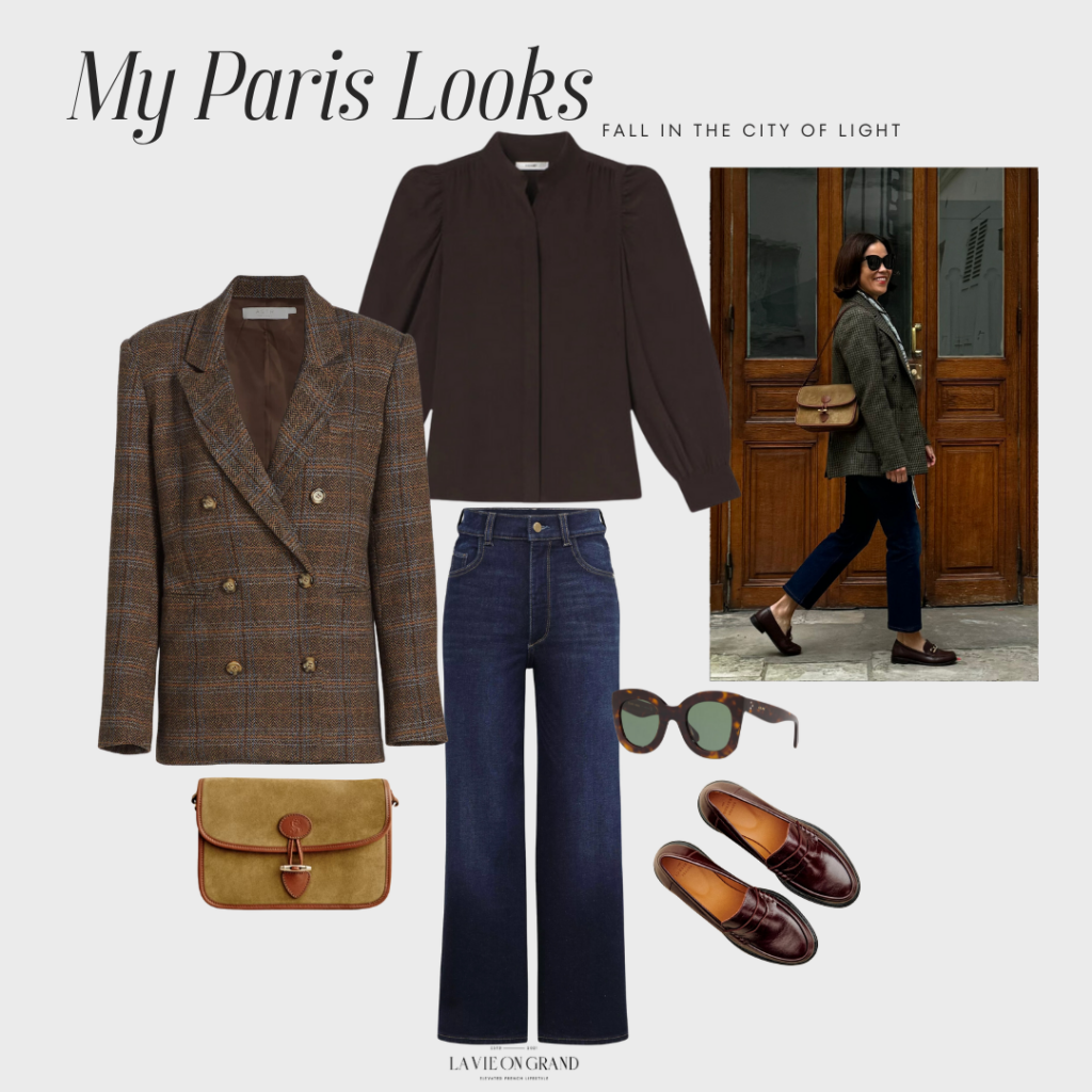 blazer with denim, loafers, and bag in Paris