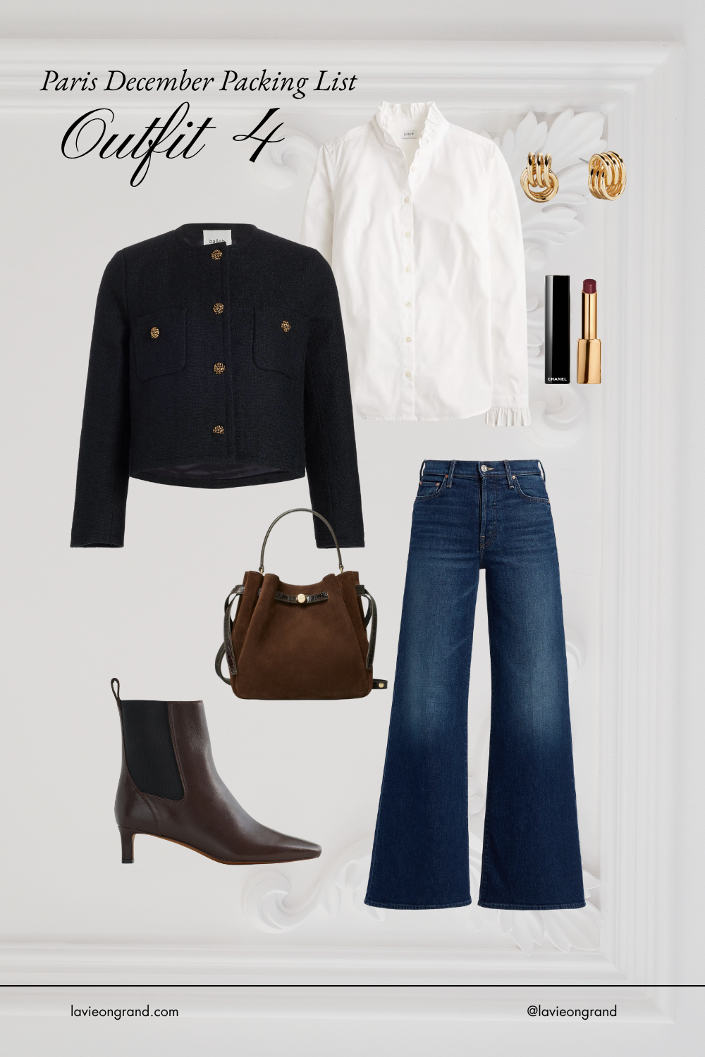 White button down with mother denim, boots, and suede bag for Paris in winter.