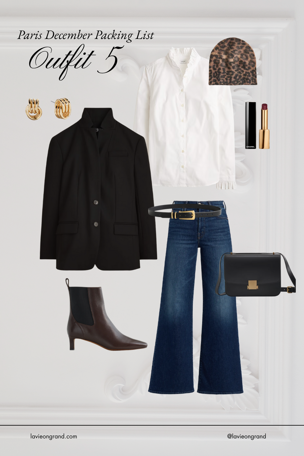 Black blazer with white button down, denim, anf boots.