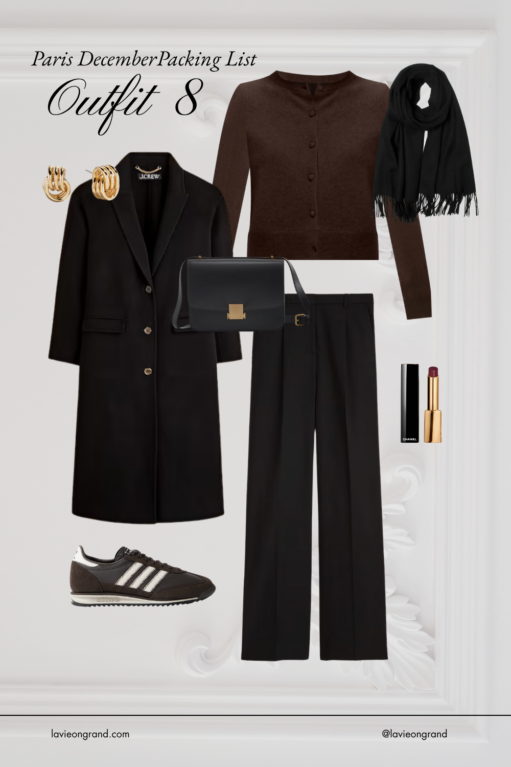 BLACK COAT WITH WOOL PANTS, ADIDAS, SCARF TO WEAR IN PARIS DURING THE WINTER SEASON.