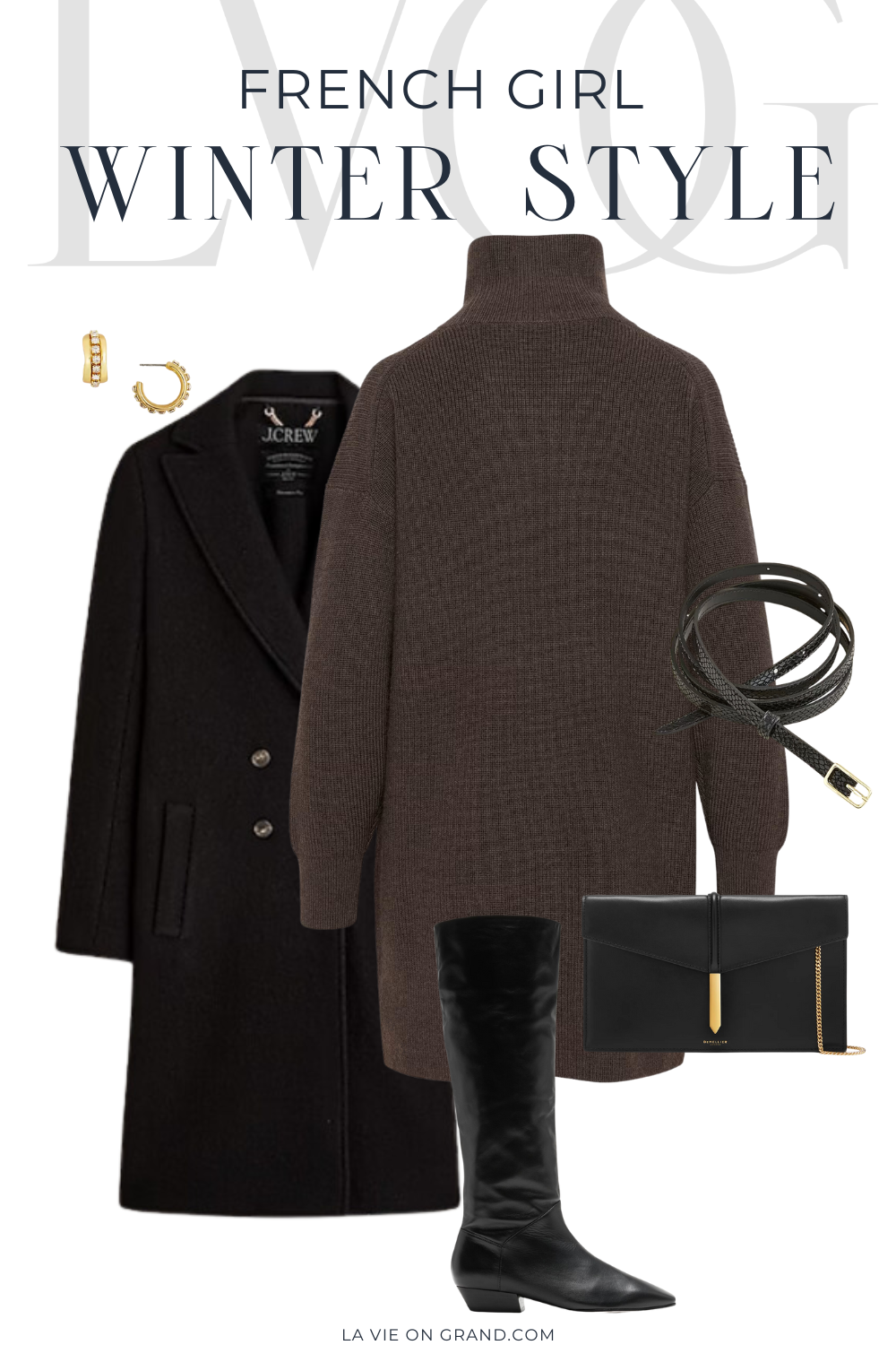 Womens sweater dress with knee high boots and black coat.