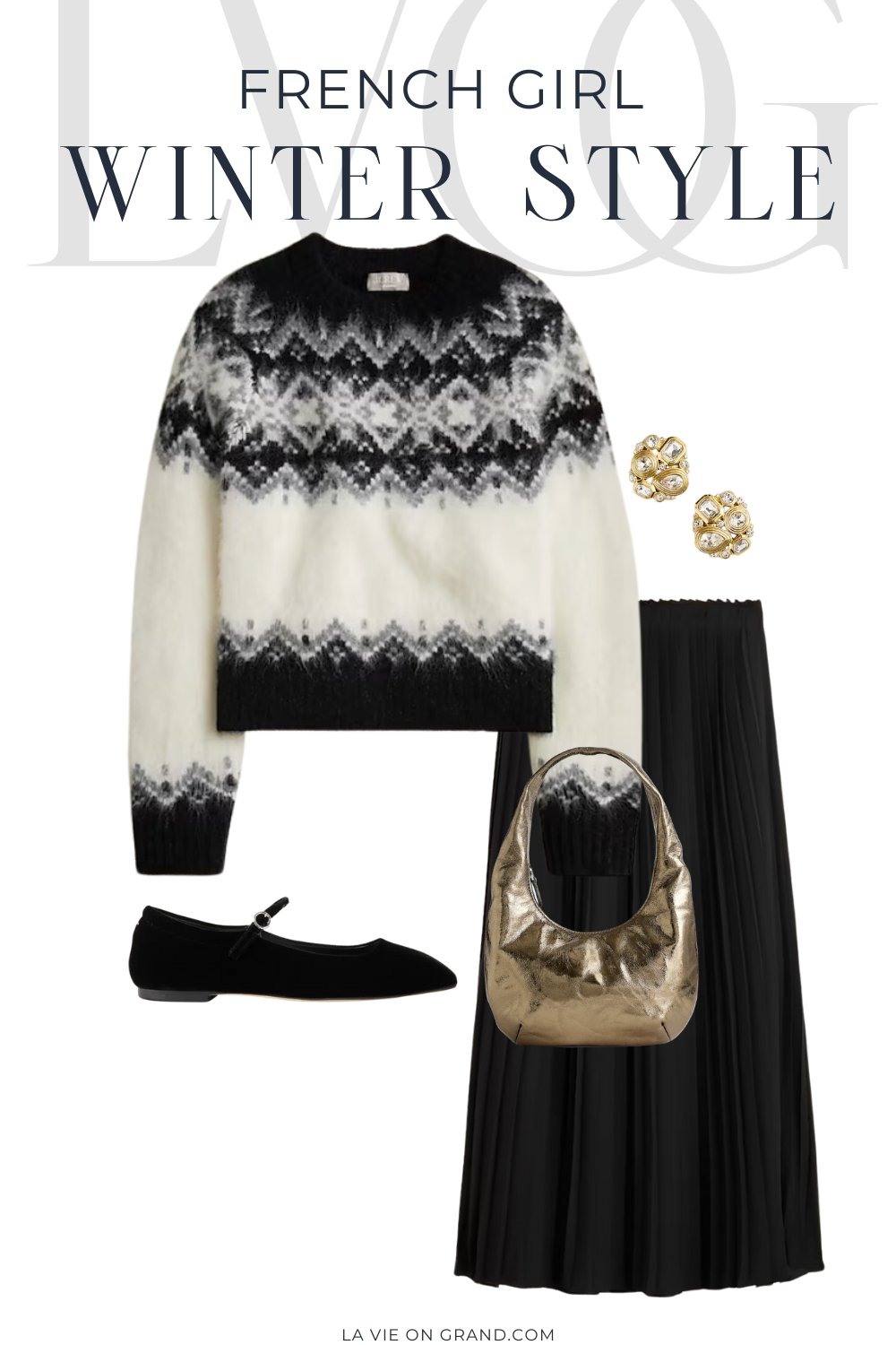 Graphic of pleated skirt with gold bag and sweater.