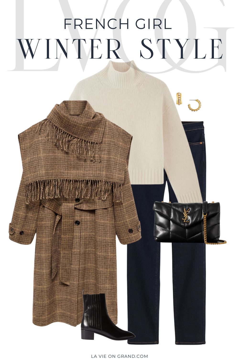 womens graphic of cream sweater with denim and coat for winter.