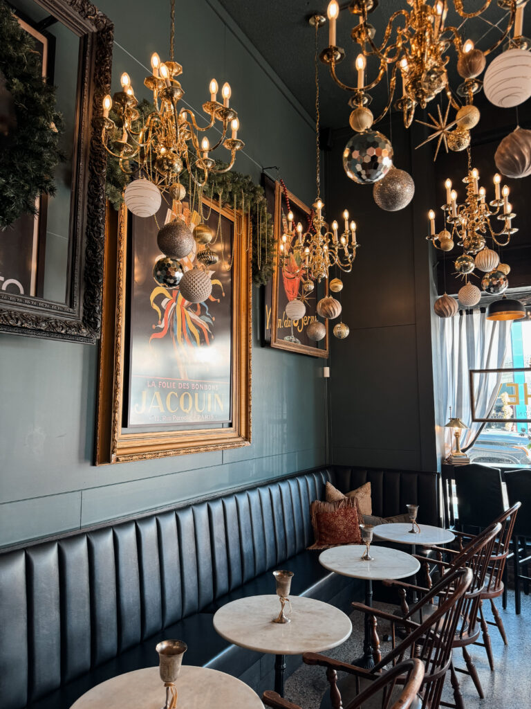 Interior shot of champagne bar at the holidays.