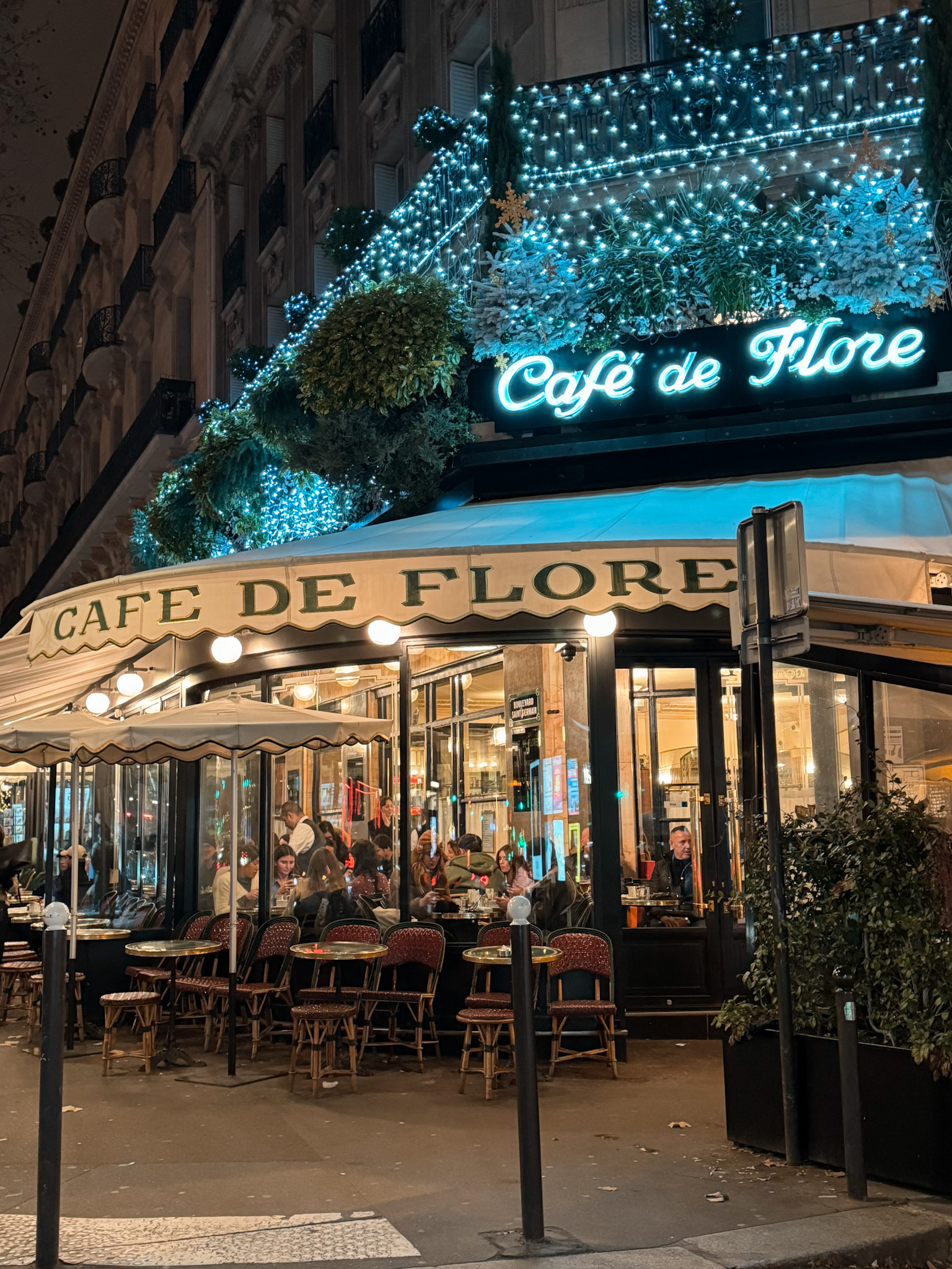 Cafe de Flore at night Cafe de Flore at night with twinkling lights.