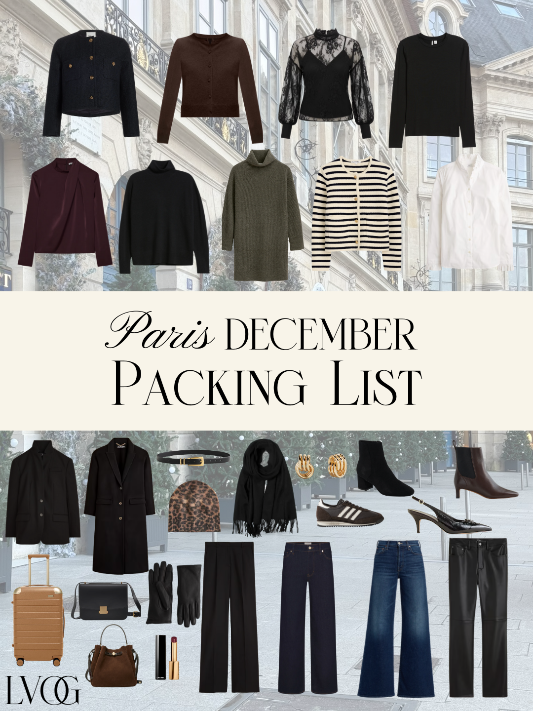 Graphic of items to pack for Paris in December.