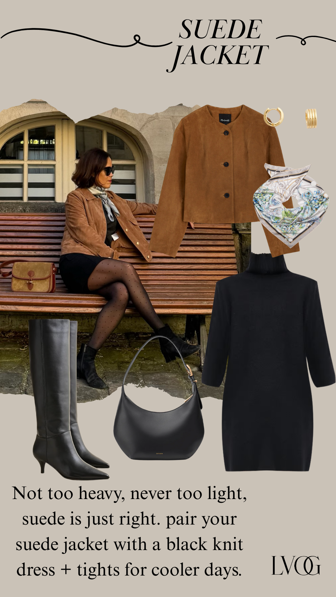 Suede jacket with black tall boots and black dress.