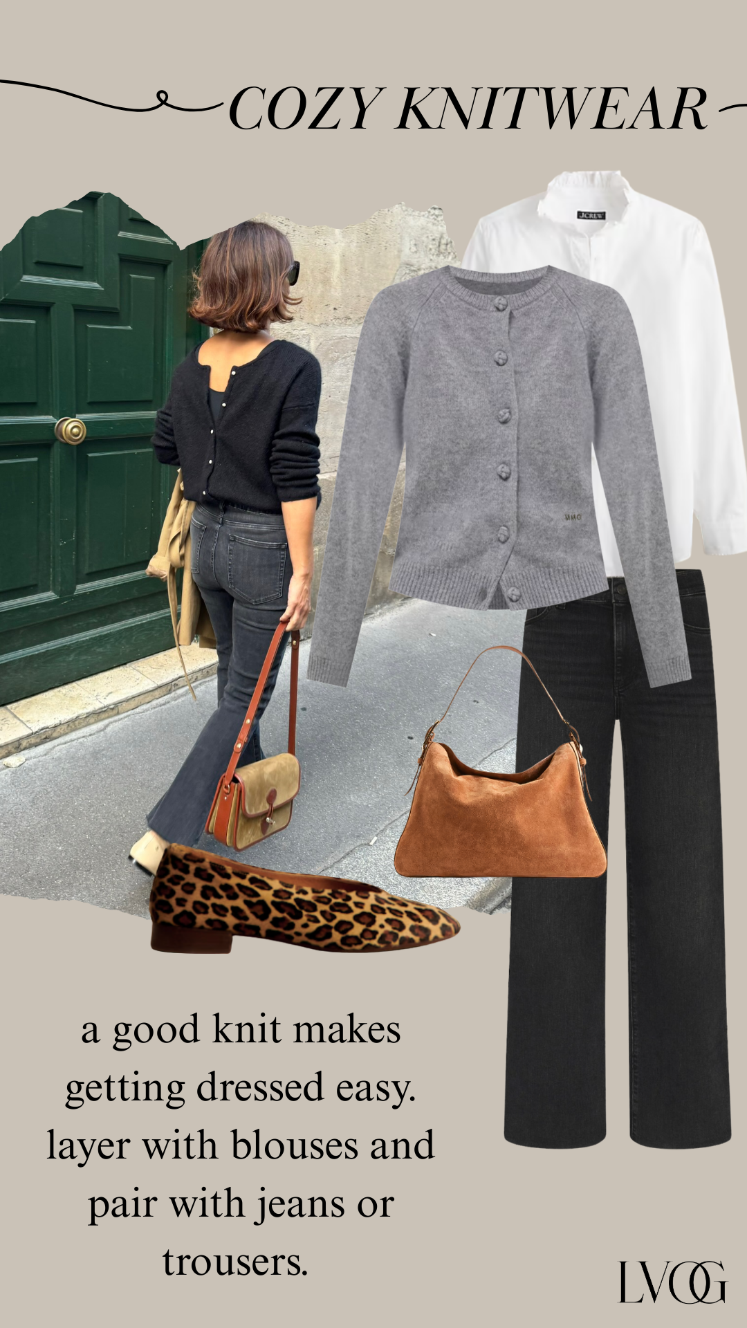 GRAPHIC OF GREY SWEATER WITH ANIMAL PRINT FLATS AND BLACK TROUSERS.