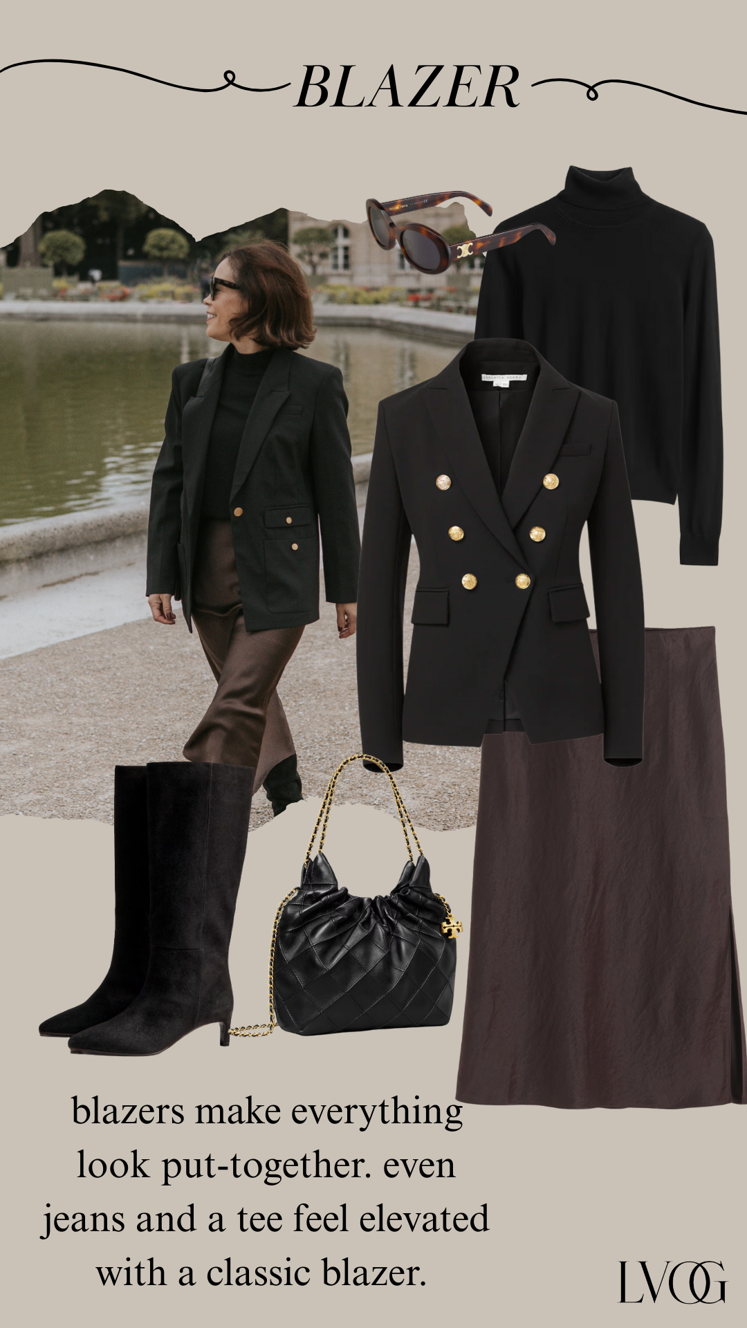 Woman wearing black blazer with silk skirt and tall boots.