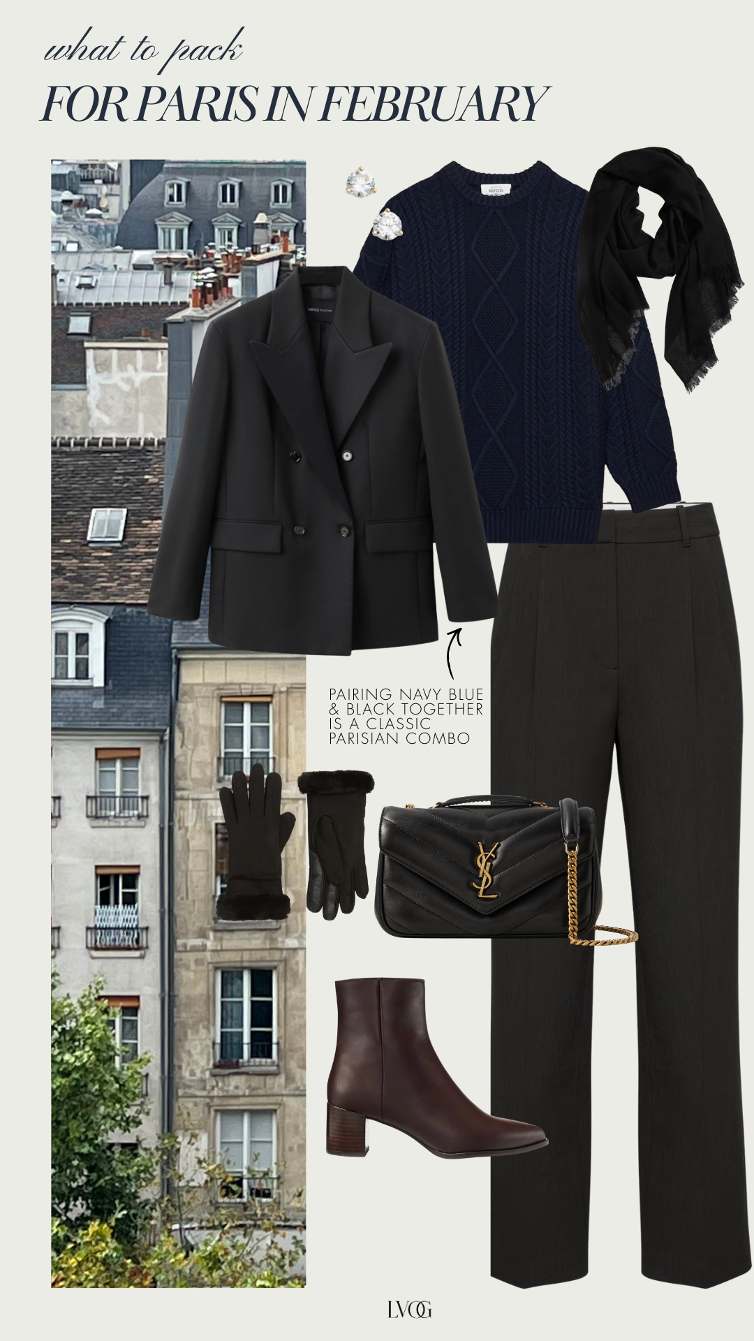 Graphic of black blazer with pants and navy sweater to wear i paris during winter.