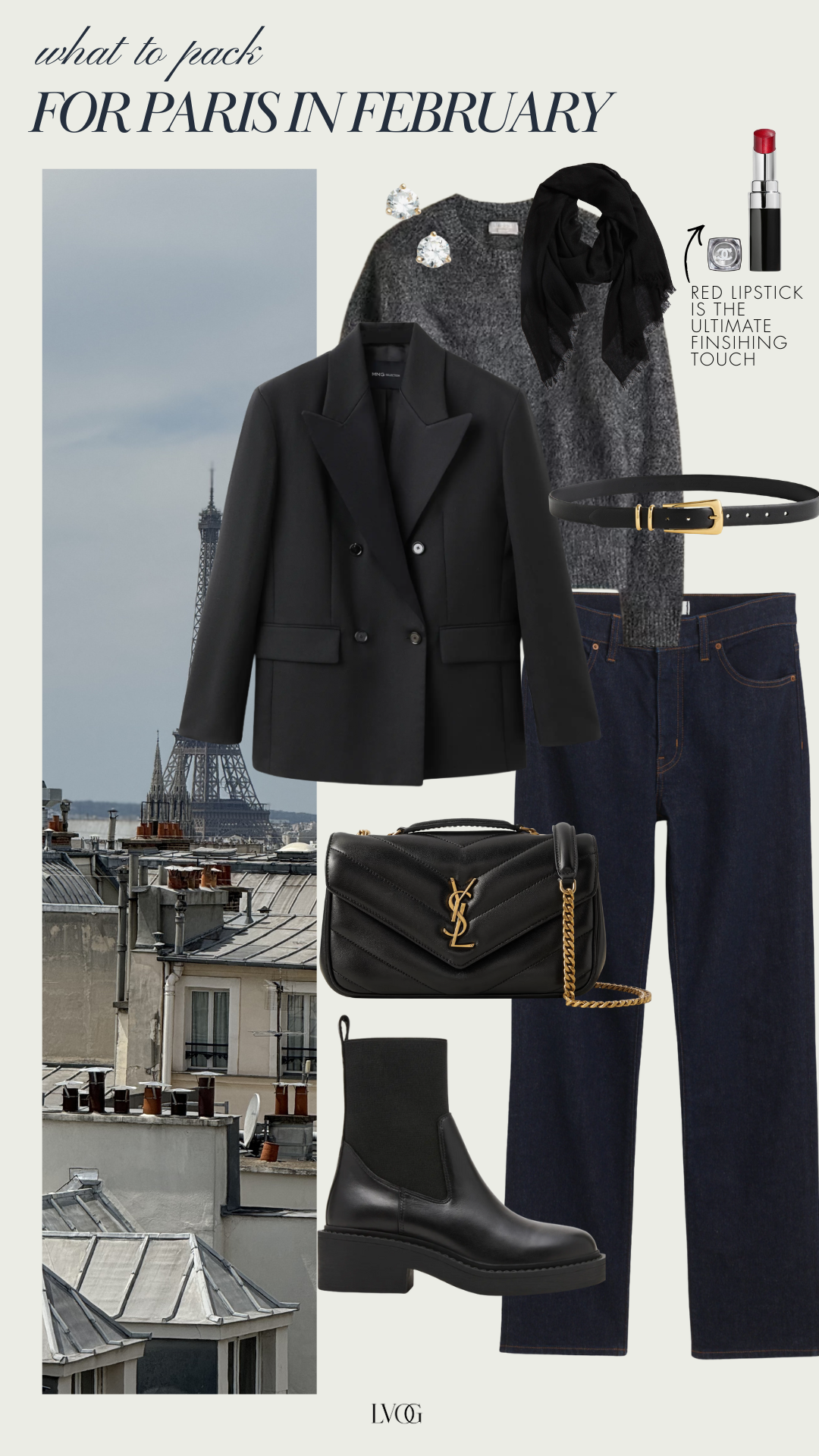 Graphic of what to wear in Paris in February, a black blazer, black pants, and black handbag.