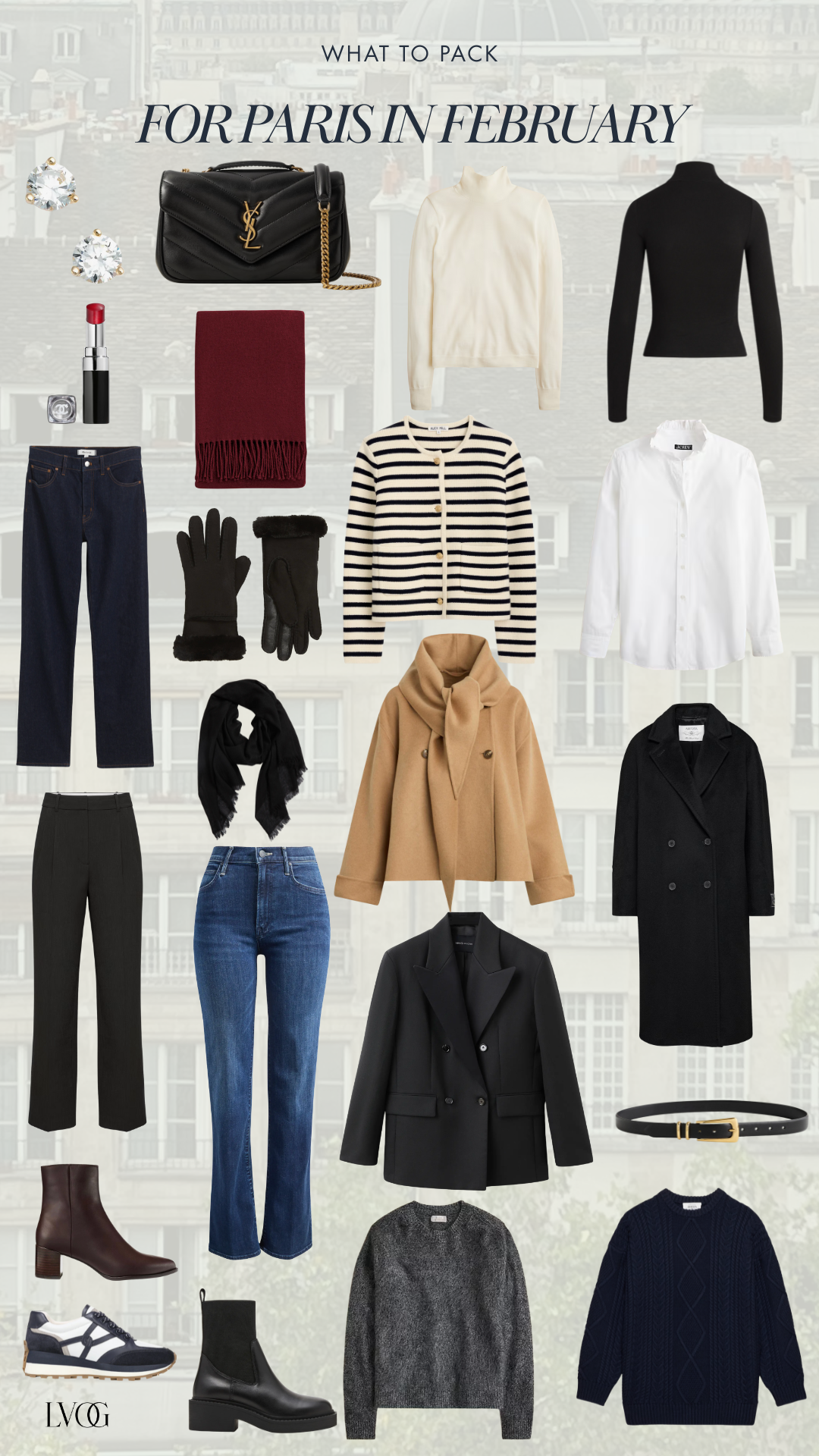 Graphic of items to pack for Paris in February.