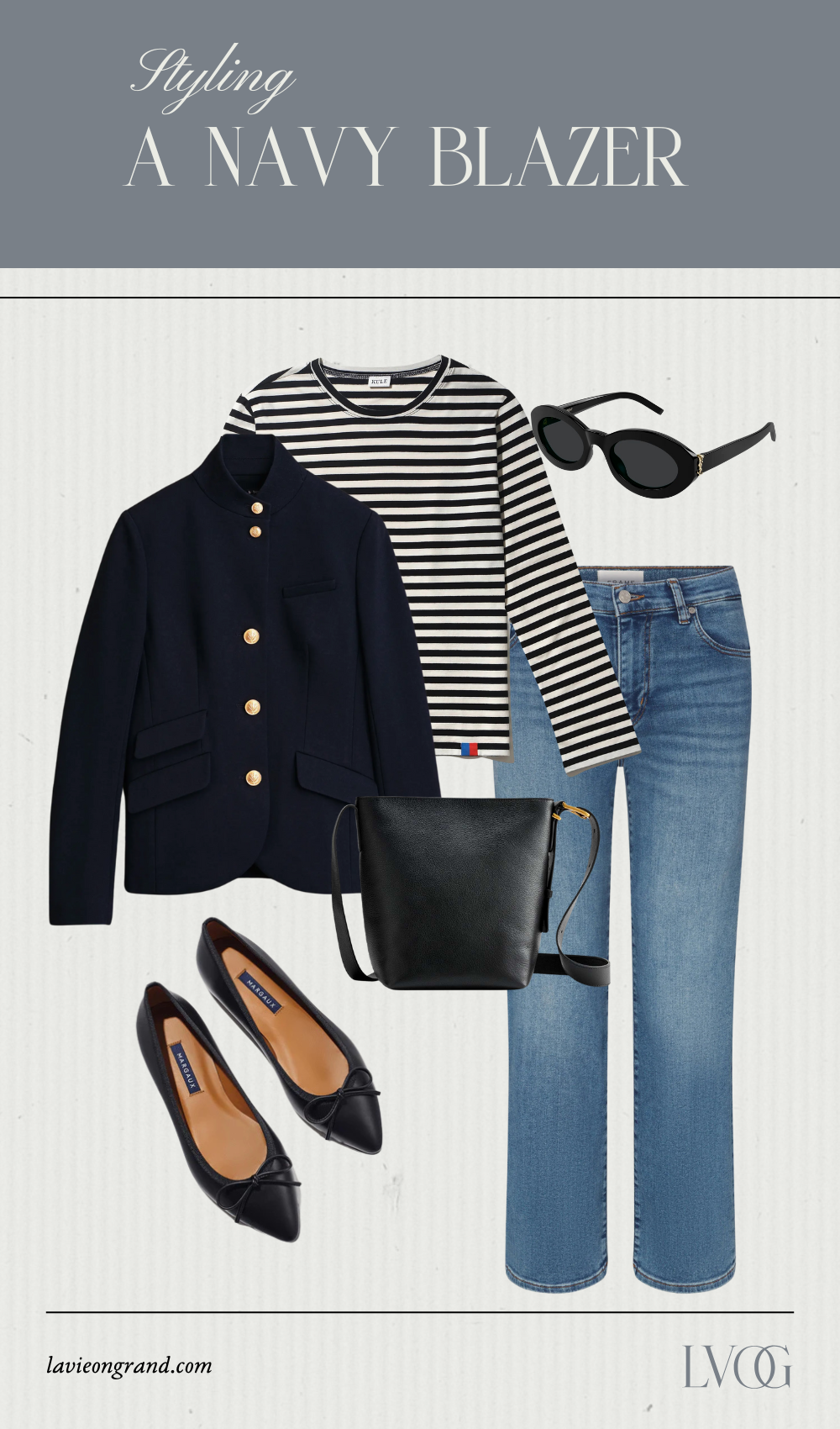 Graphic of stripe top with navy blazer, denim, and ballet flats.