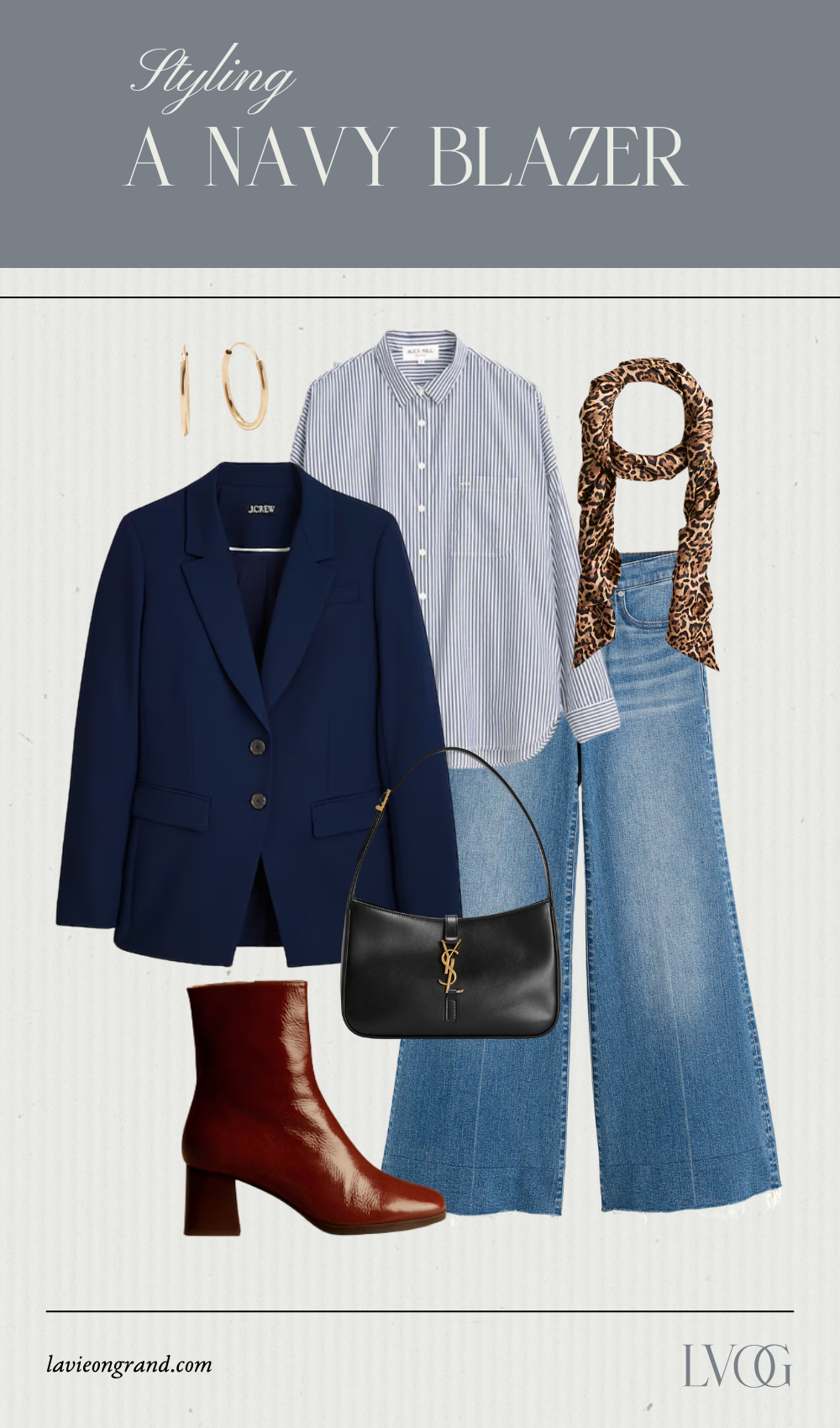 Navy blazer with stripe button down, scarf, and boots.
