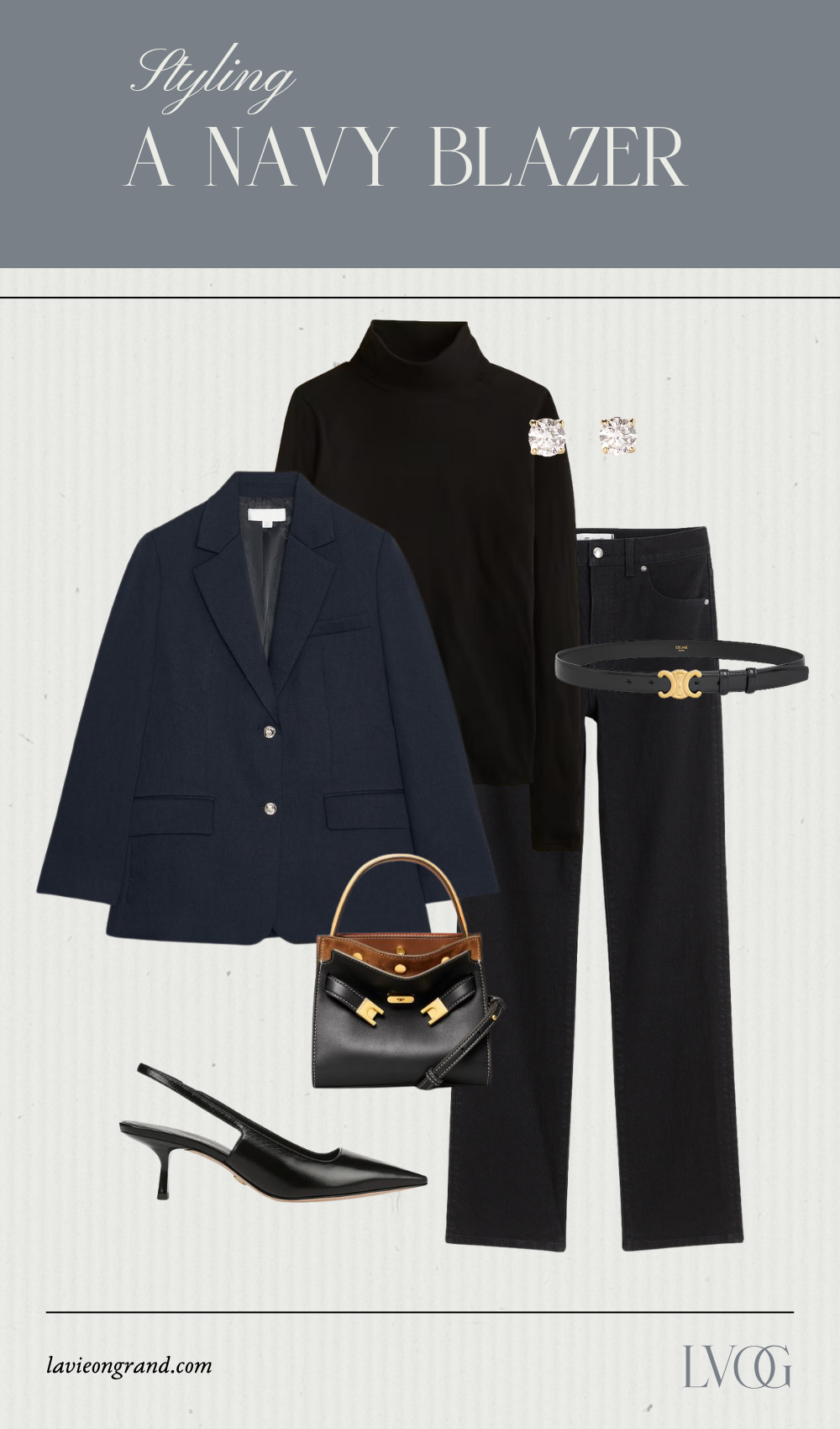Navy blazer with black turtlenck, black pants, slingbacks.
