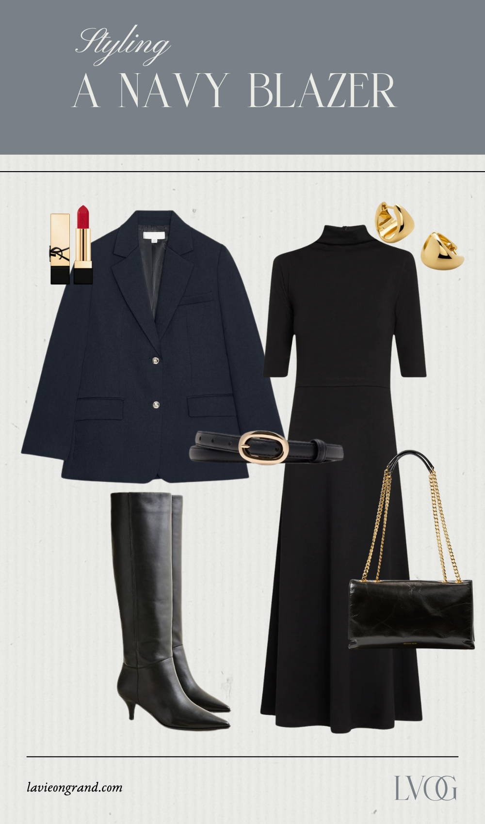 Black Dress with navy blazer, tall black boots, and bag.